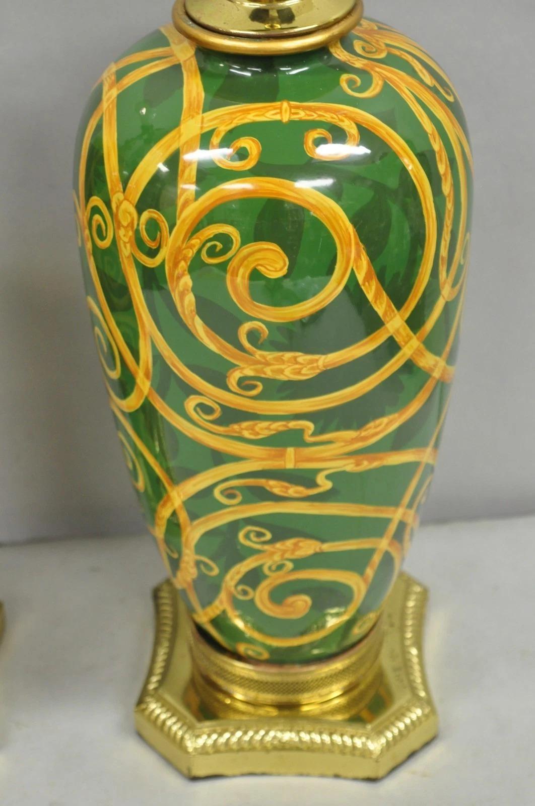 Unknown Hollywood Regency Green & Gold Scroll Painted Ceramic Table Lamps - a Pair For Sale