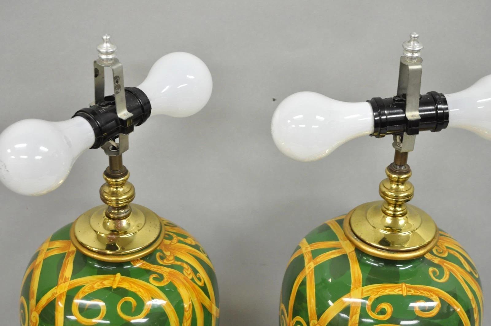 20th Century Hollywood Regency Green & Gold Scroll Painted Ceramic Table Lamps - a Pair For Sale
