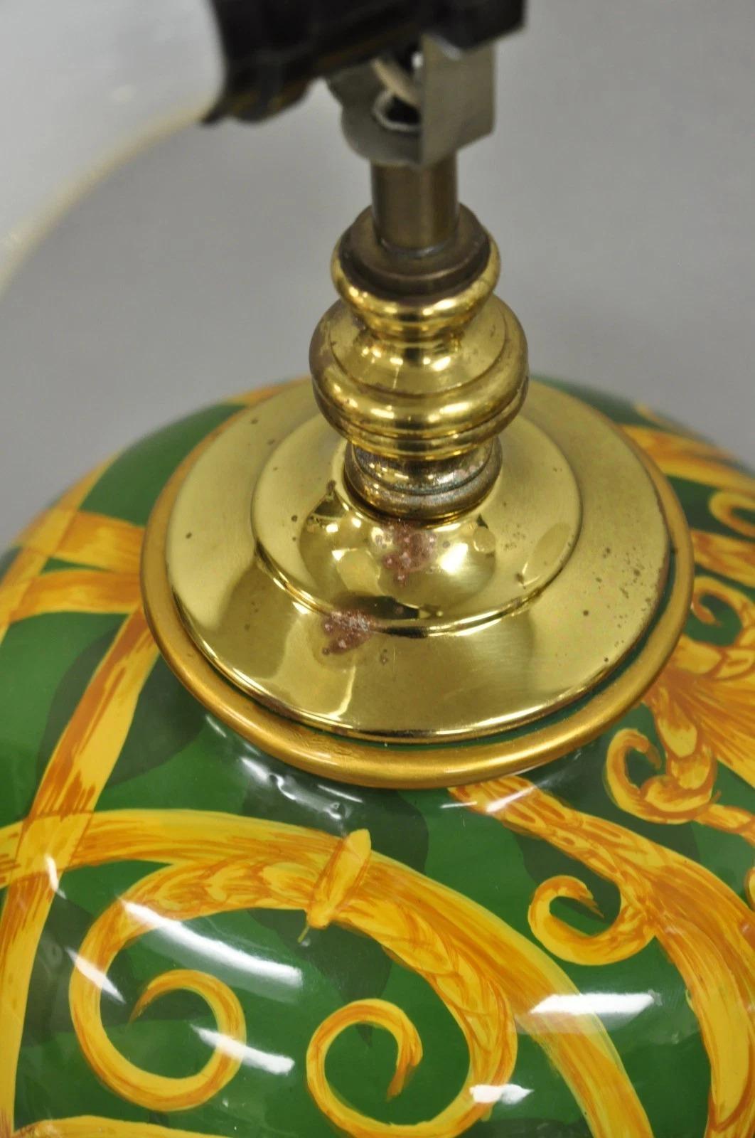 Hollywood Regency Green & Gold Scroll Painted Ceramic Table Lamps - a Pair For Sale 1