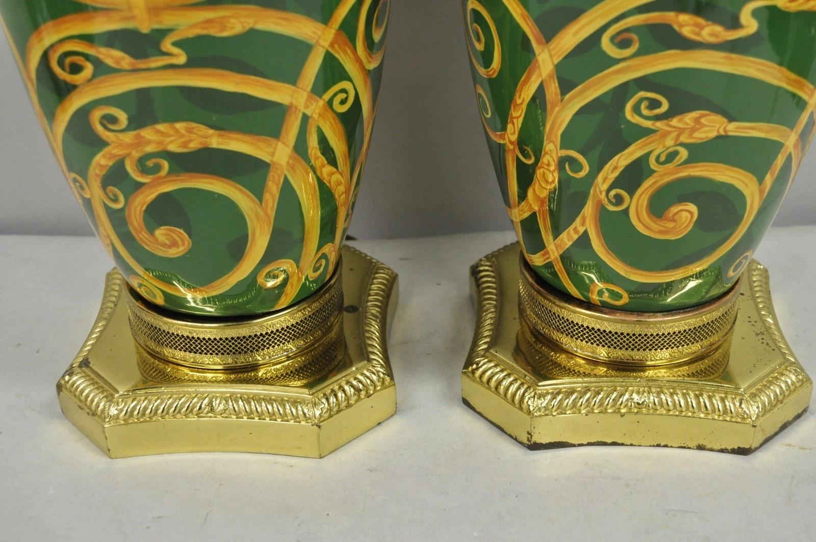 Hollywood Regency Green & Gold Scroll Painted Ceramic Table Lamps - a Pair For Sale 2