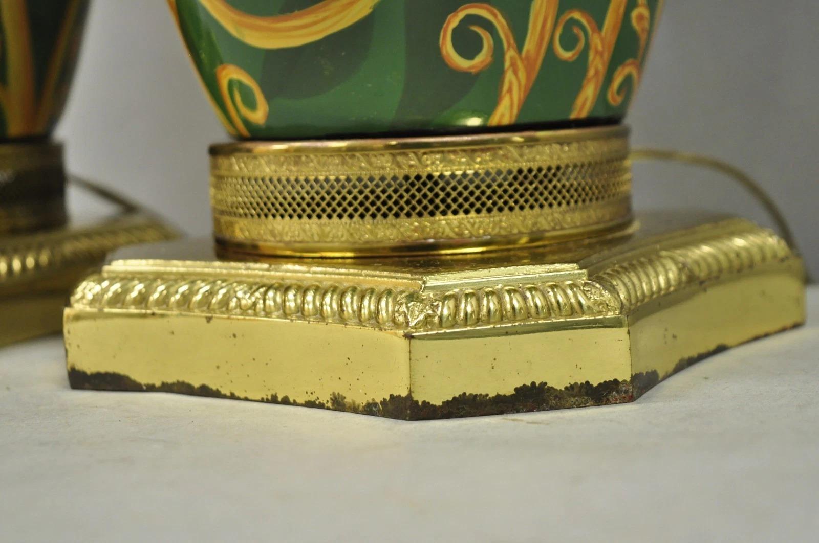 Hollywood Regency Green & Gold Scroll Painted Ceramic Table Lamps - a Pair For Sale 3