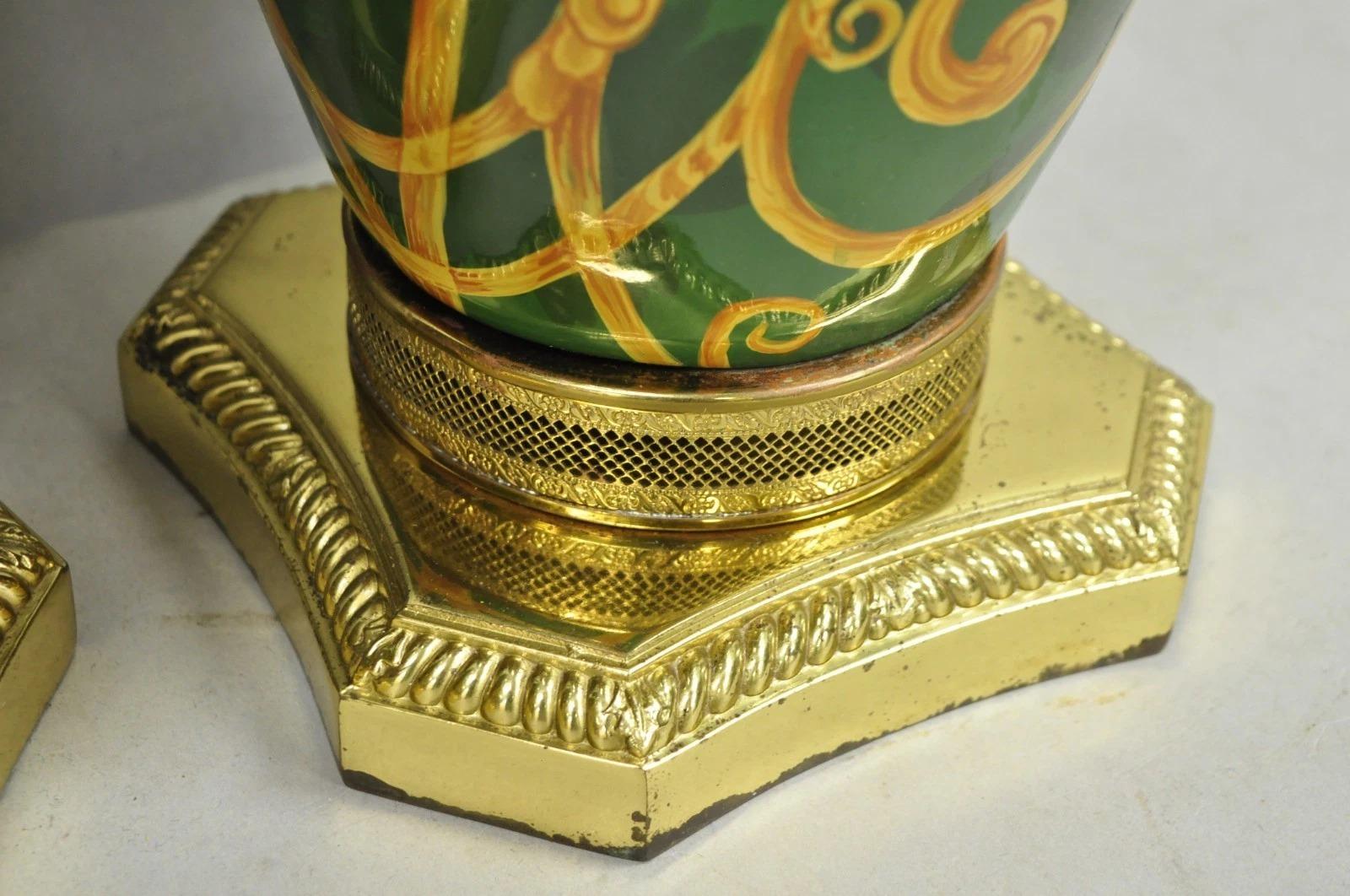 Hollywood Regency Green & Gold Scroll Painted Ceramic Table Lamps - a Pair For Sale 4