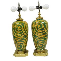 Hollywood Regency Green & Gold Scroll Painted Ceramic Table Lamps - a Pair