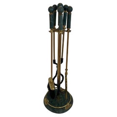 Hollywood Regency Green Marble and Brass Fireplace Tool Set