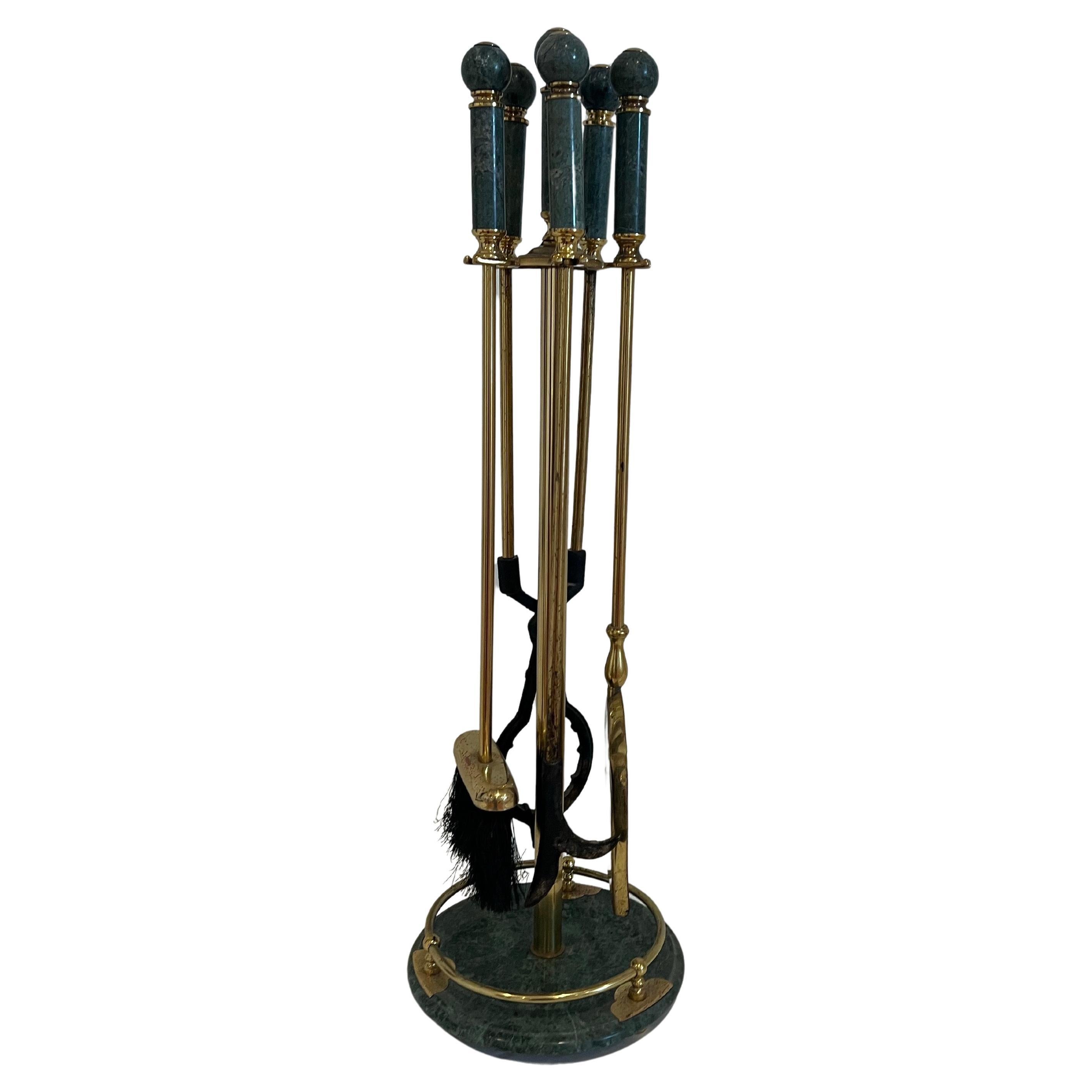 American Hollywood Regency Green Marble and Brass Fireplace Tool Set For Sale
