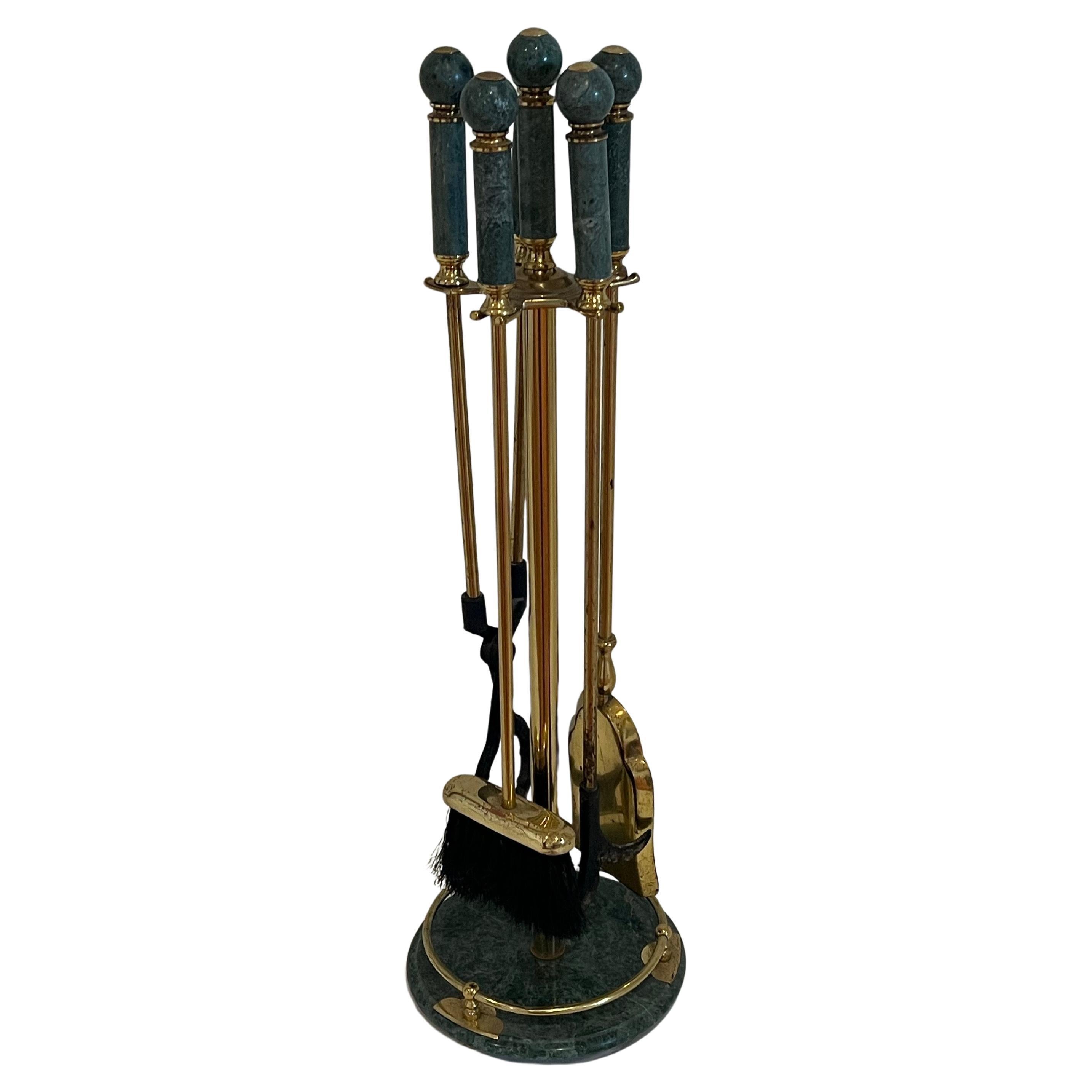 Hollywood Regency Green Marble and Brass Fireplace Tool Set In Good Condition For Sale In San Diego, CA