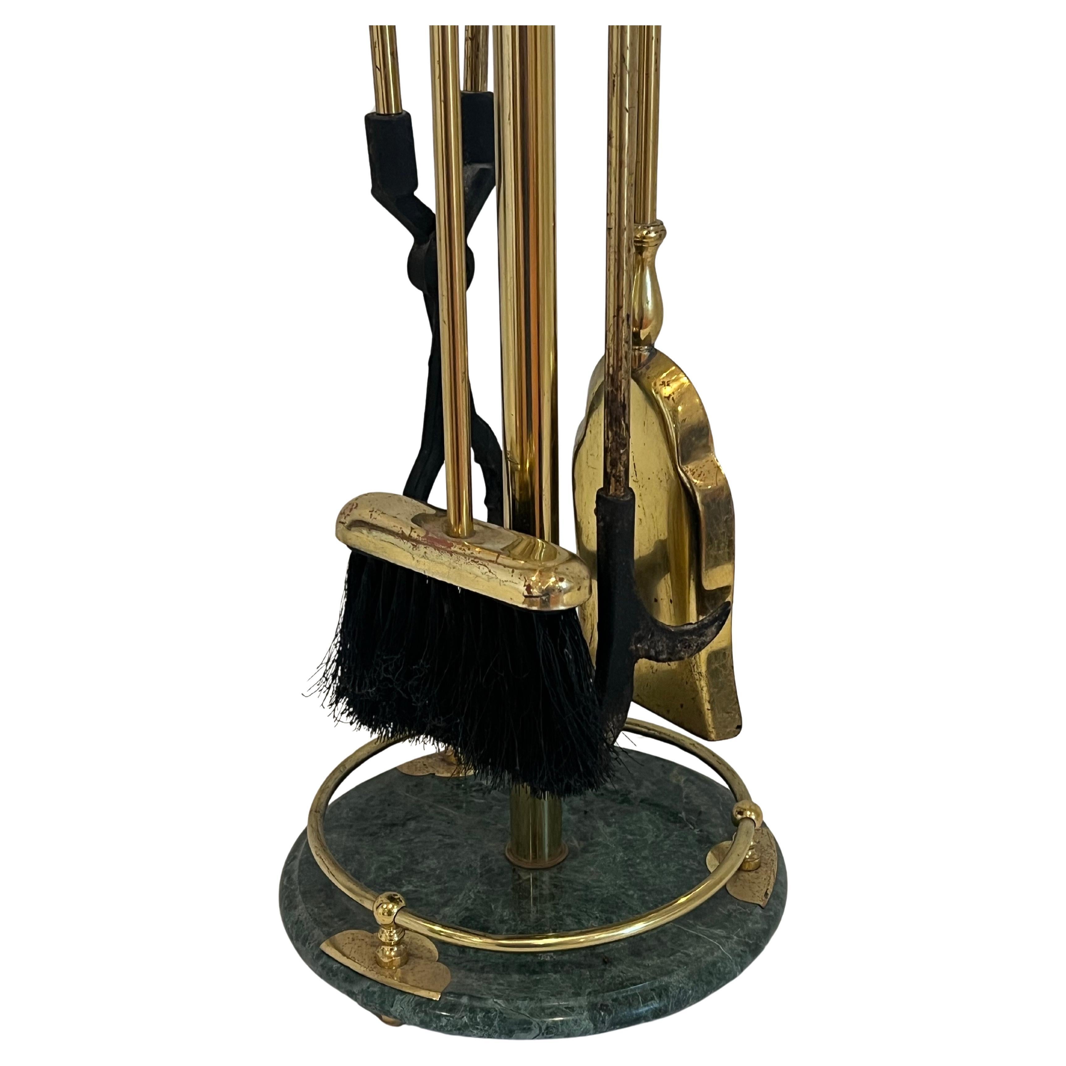 20th Century Hollywood Regency Green Marble and Brass Fireplace Tool Set For Sale