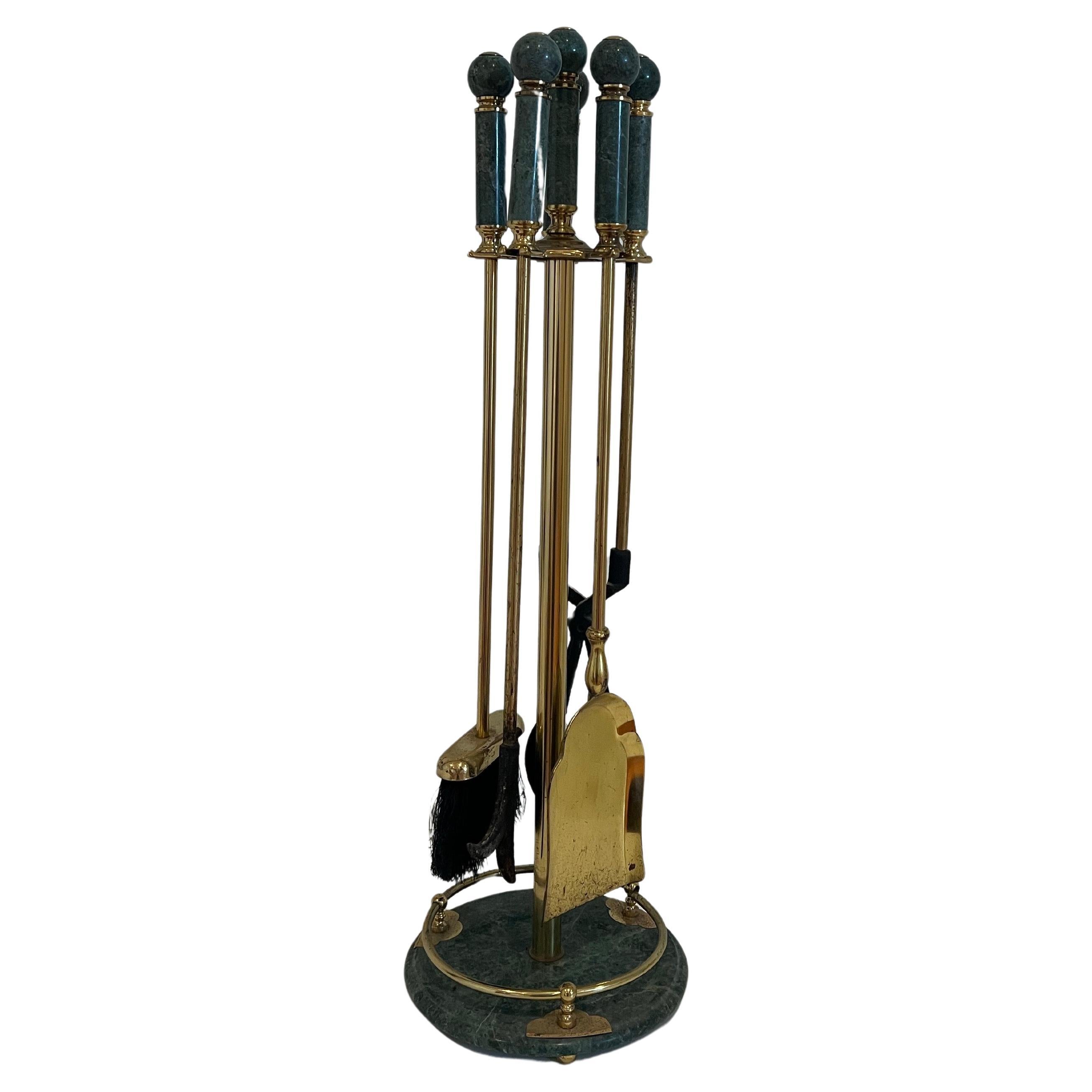 Hollywood Regency Green Marble and Brass Fireplace Tool Set For Sale