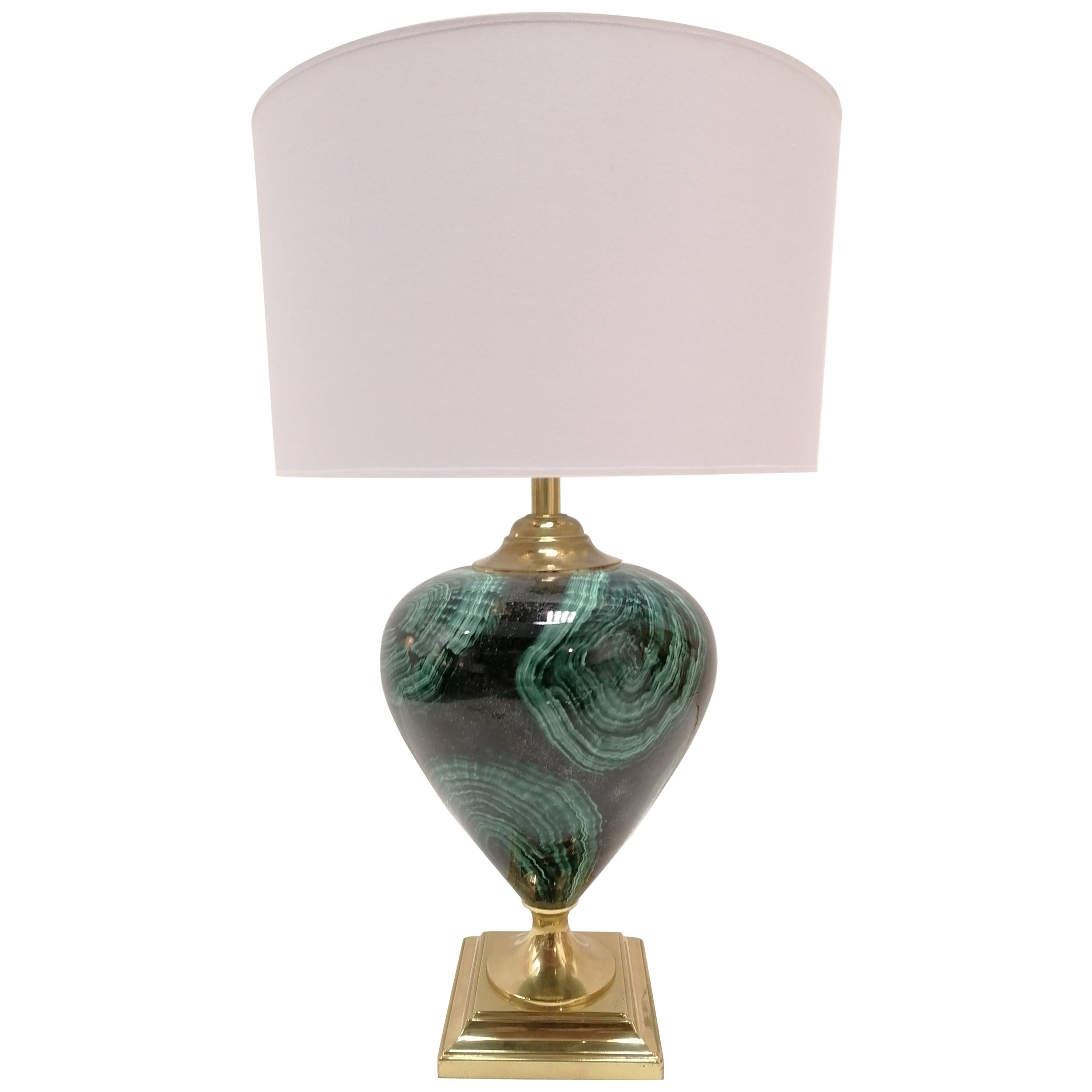 Hollywood Regency Green Table Lamp Malachite, 1980 For Sale