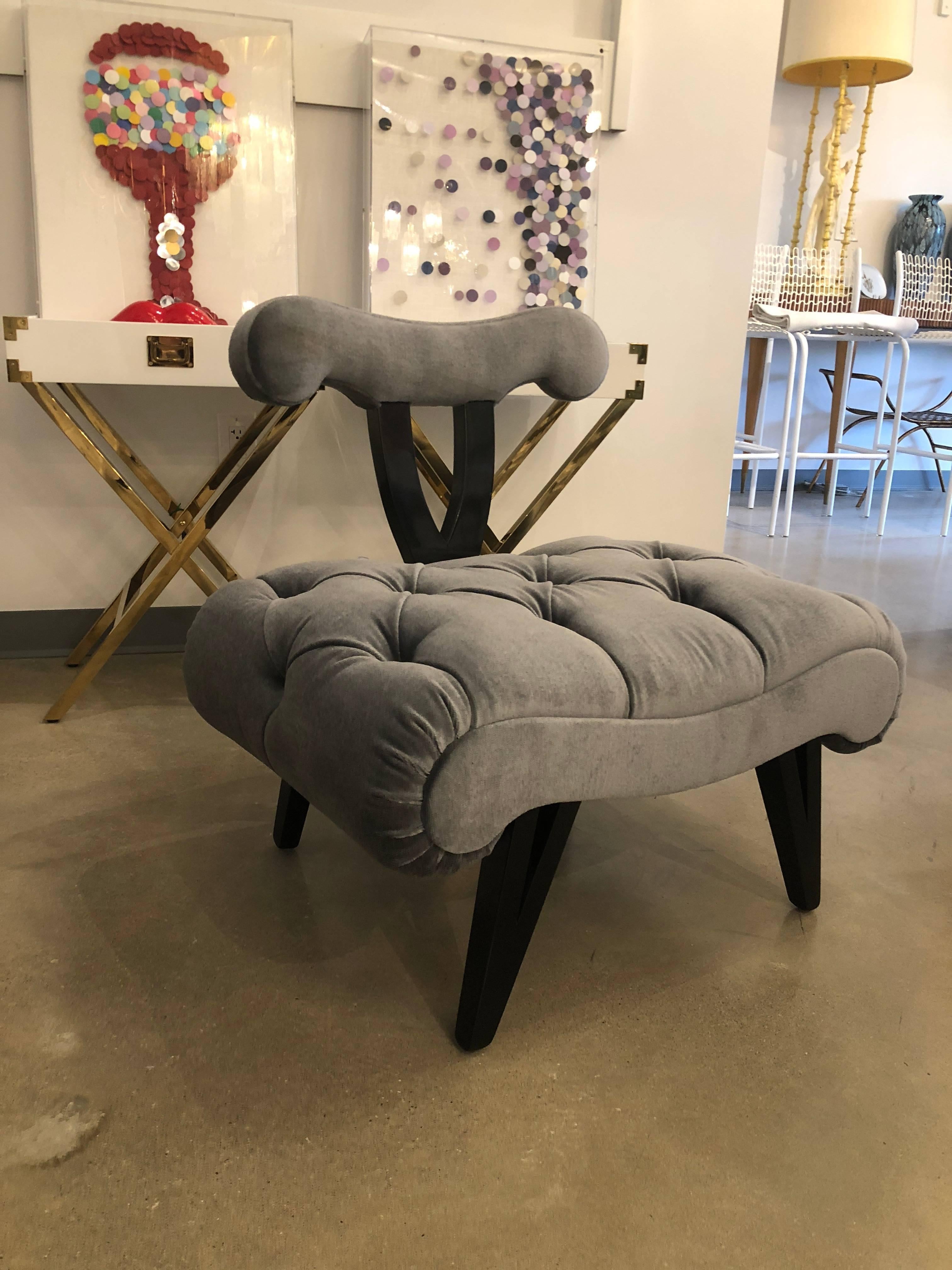 American Hollywood Regency Grosfeld House Tufted Gray Mohair Ebonized Wood Slipper Chair For Sale