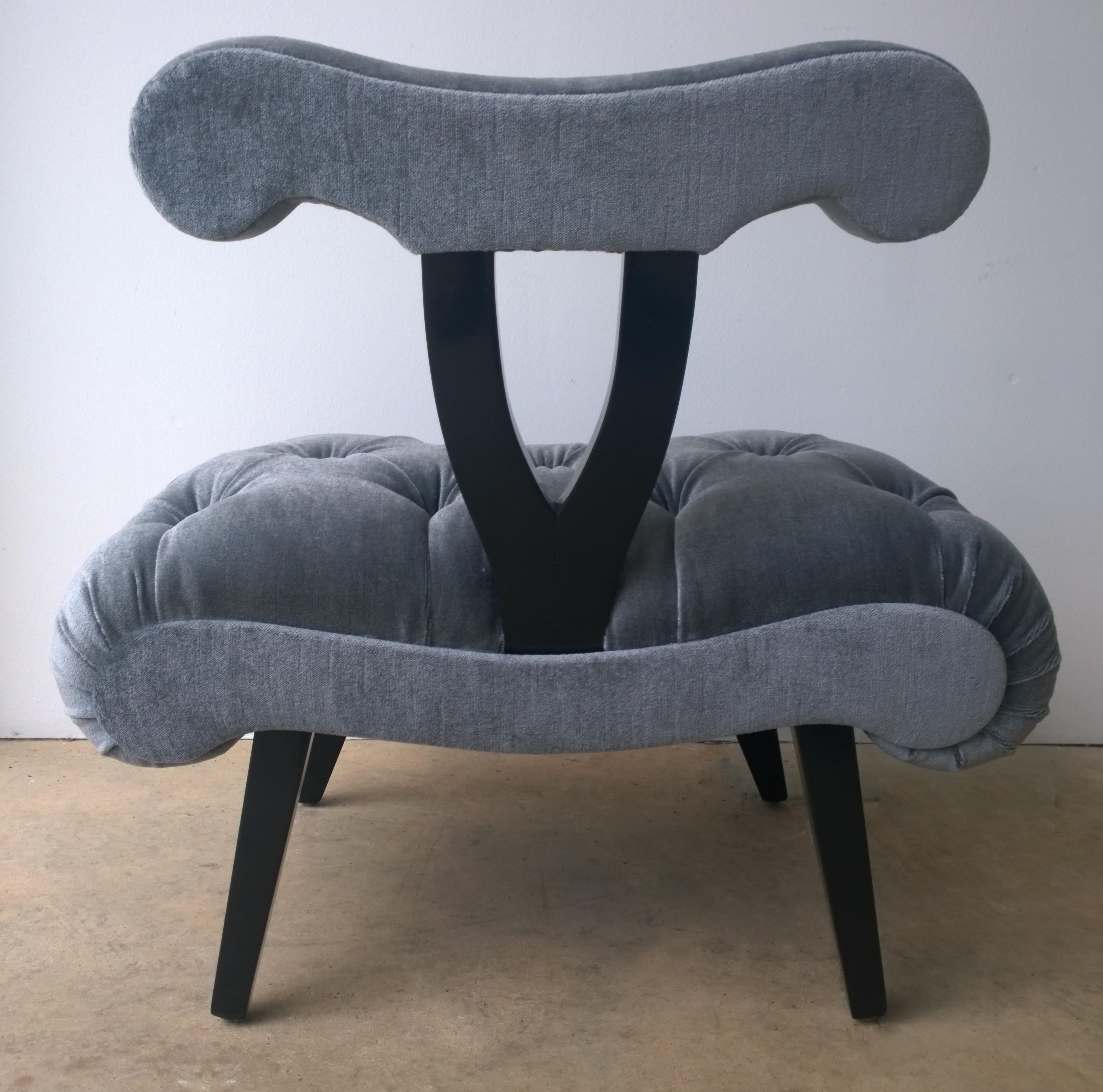 Hollywood Regency Grosfeld House Tufted Gray Mohair Ebonized Wood Slipper Chair For Sale 2
