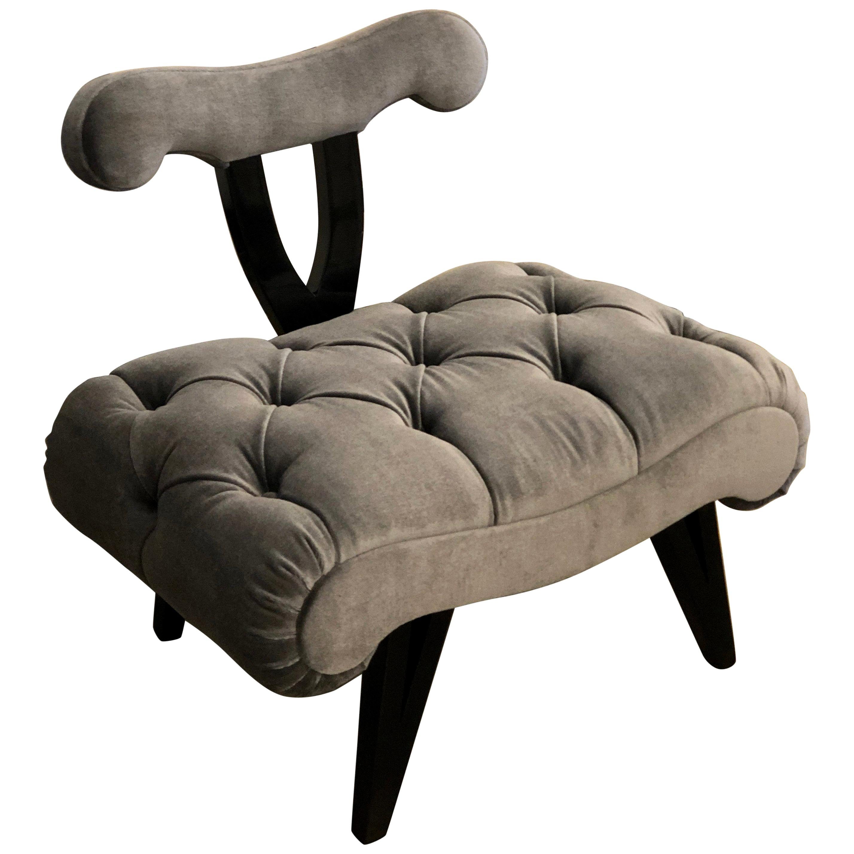 Hollywood Regency Grosfeld House Tufted Gray Mohair Ebonized Wood Slipper Chair For Sale