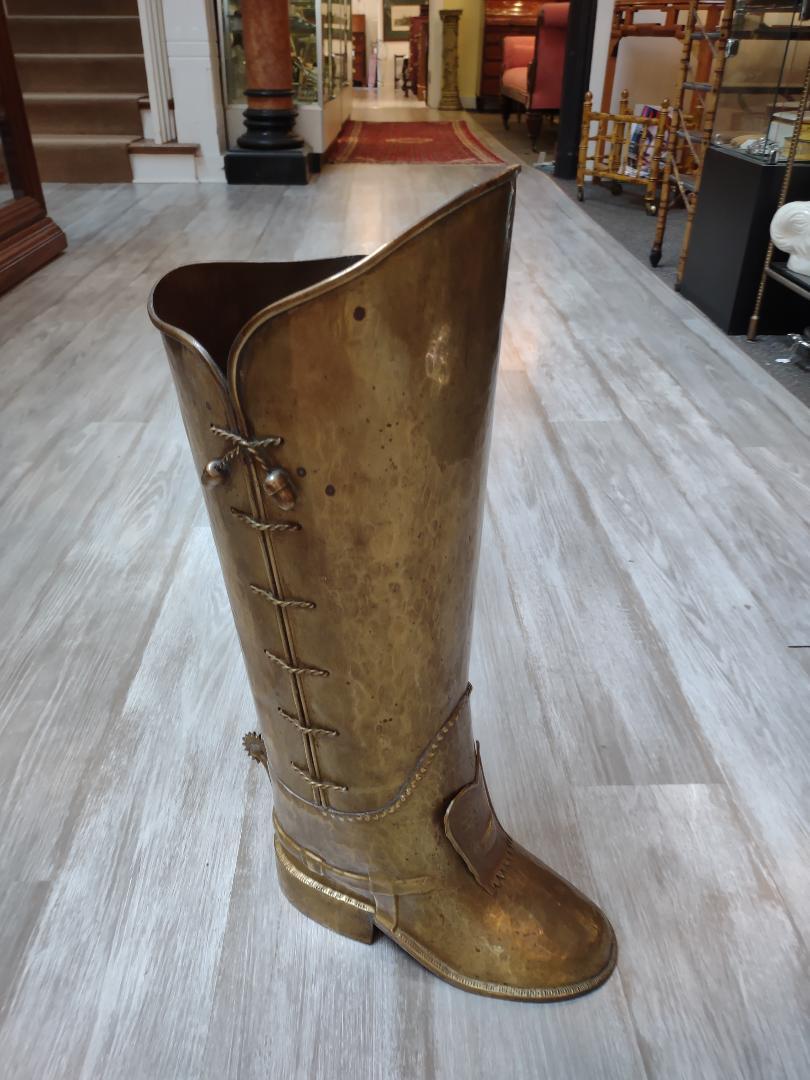 Hollywood Regency Hammered Brass Boot Form Umbrella Stand 3