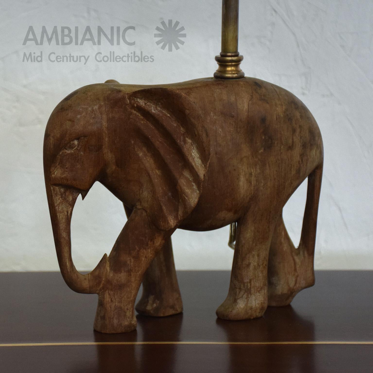 American Hollywood Regency Hand Carved Wood Elephant Sculpture Table Lamp 1950s