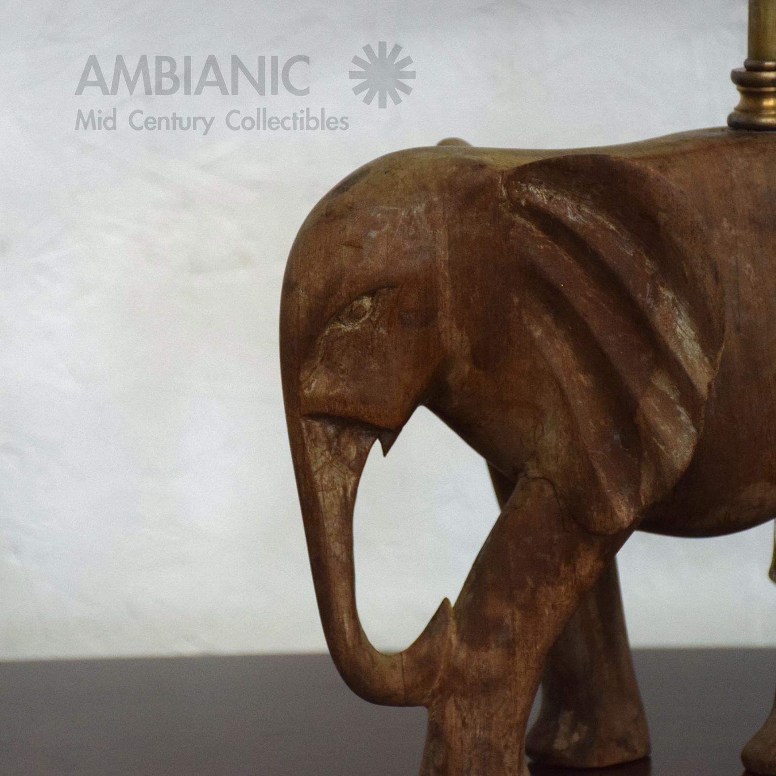 Mid-20th Century Hollywood Regency Hand Carved Wood Elephant Sculpture Table Lamp 1950s