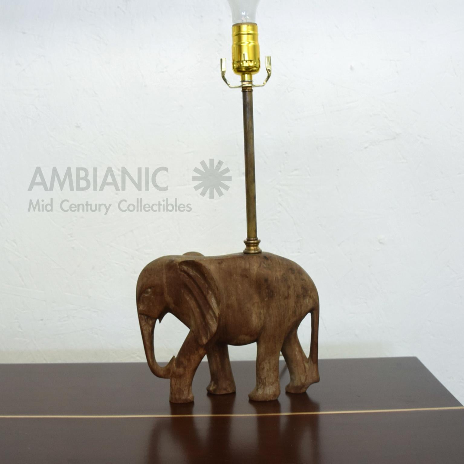 Hollywood Regency Hand Carved Wood Elephant Sculpture Table Lamp 1950s 1