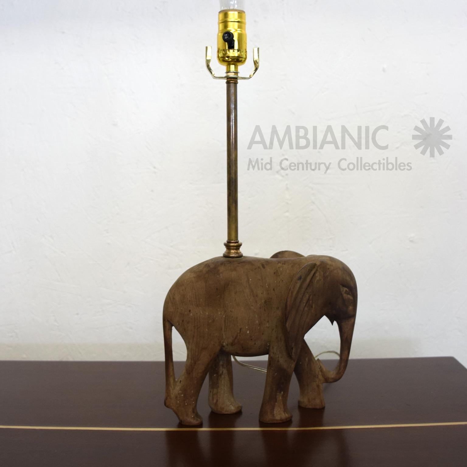 Hollywood Regency Hand Carved Wood Elephant Sculpture Table Lamp 1950s 2