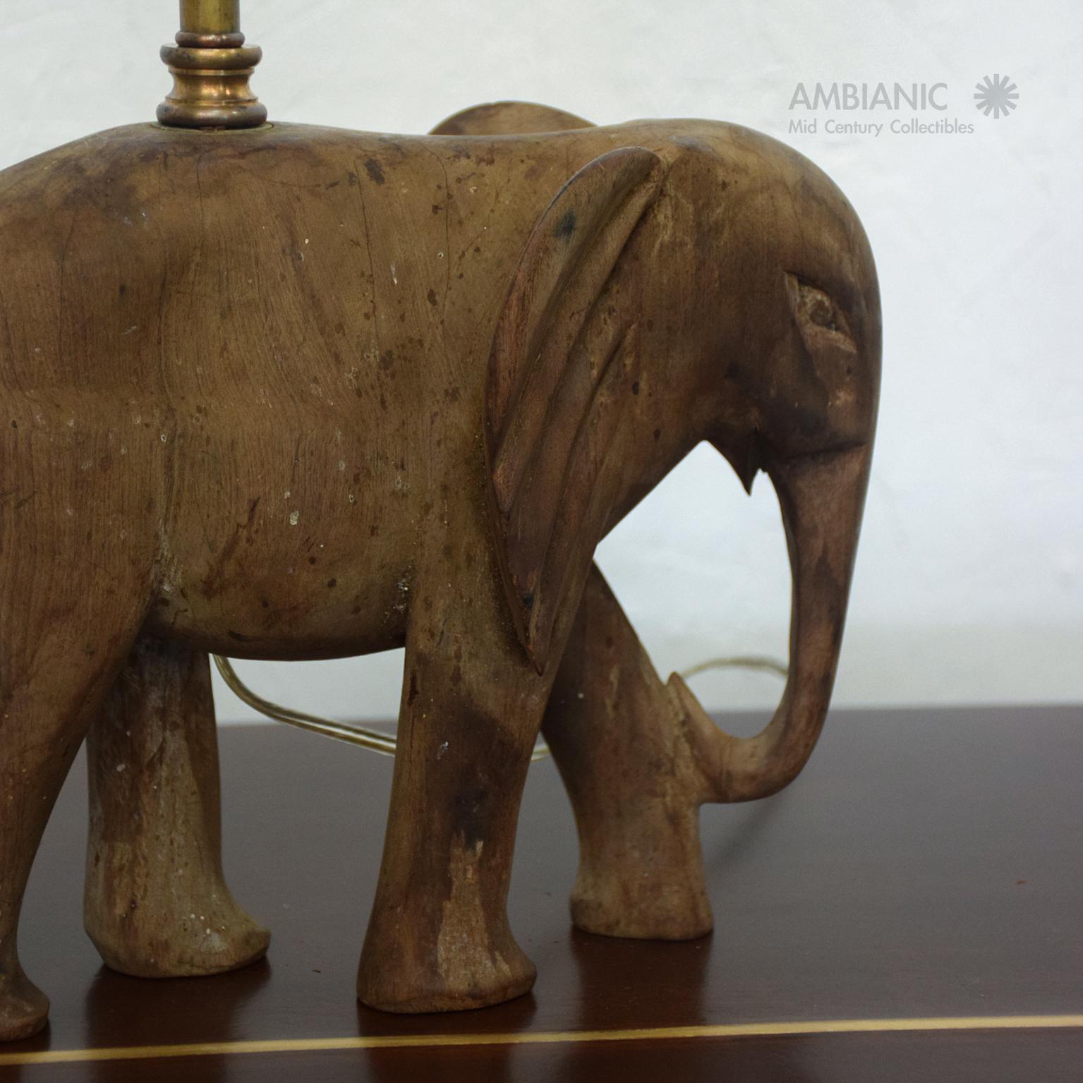 Hollywood Regency Hand Carved Wood Elephant Sculpture Table Lamp 1950s 3