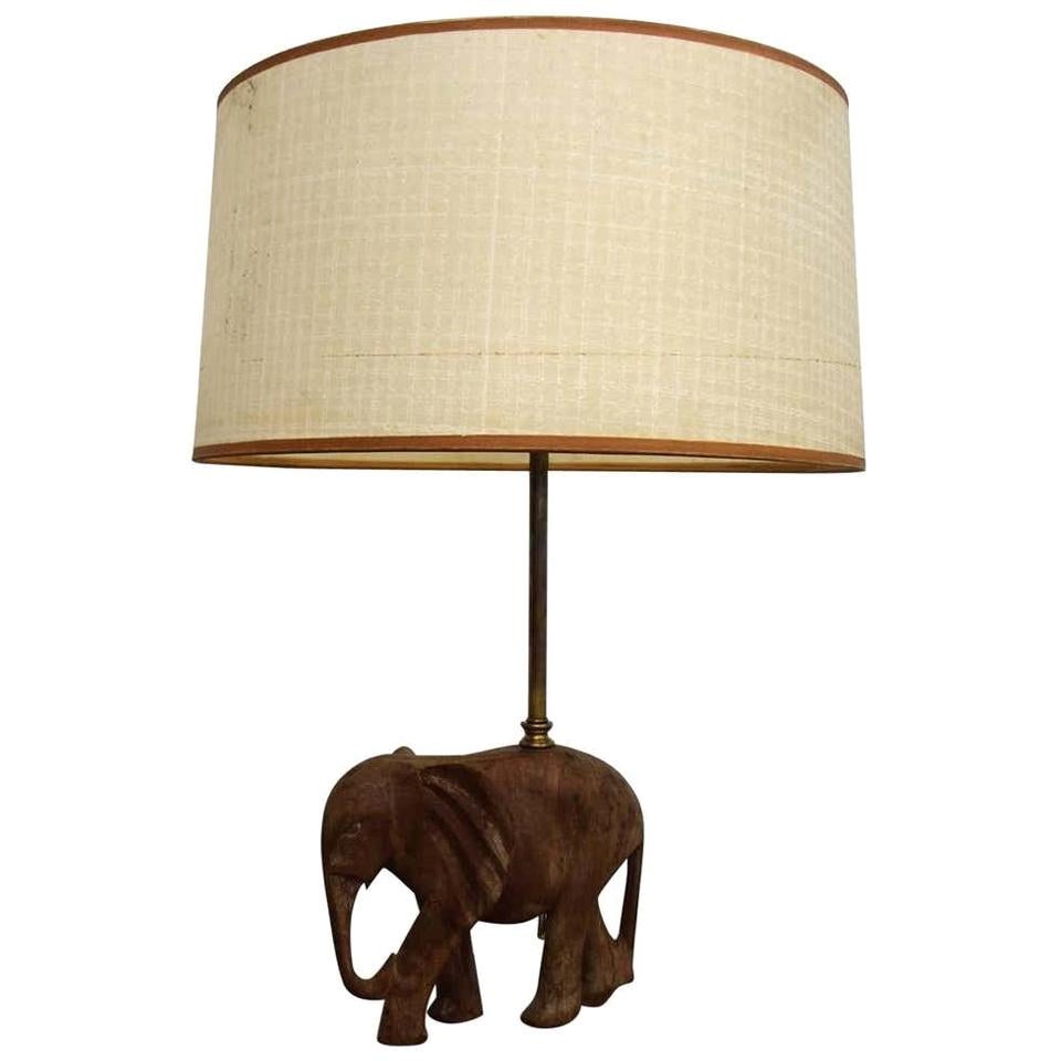 Hollywood Regency Hand Carved Wood Elephant Sculpture Table Lamp 1950s