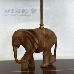 Hollywood Regency Hand Carved Wood Elephant Sculpture Table Lamp 1950s