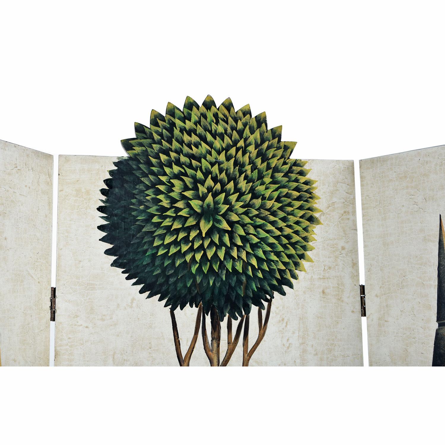 Hollywood Regency hand painted folding screen room divider by Maitland Smith. Solid wood. Bright and vibrant with a captivating, tropical, neo Art Deco design and color scheme. Three panels firmly connected with double-action industrial hinges.