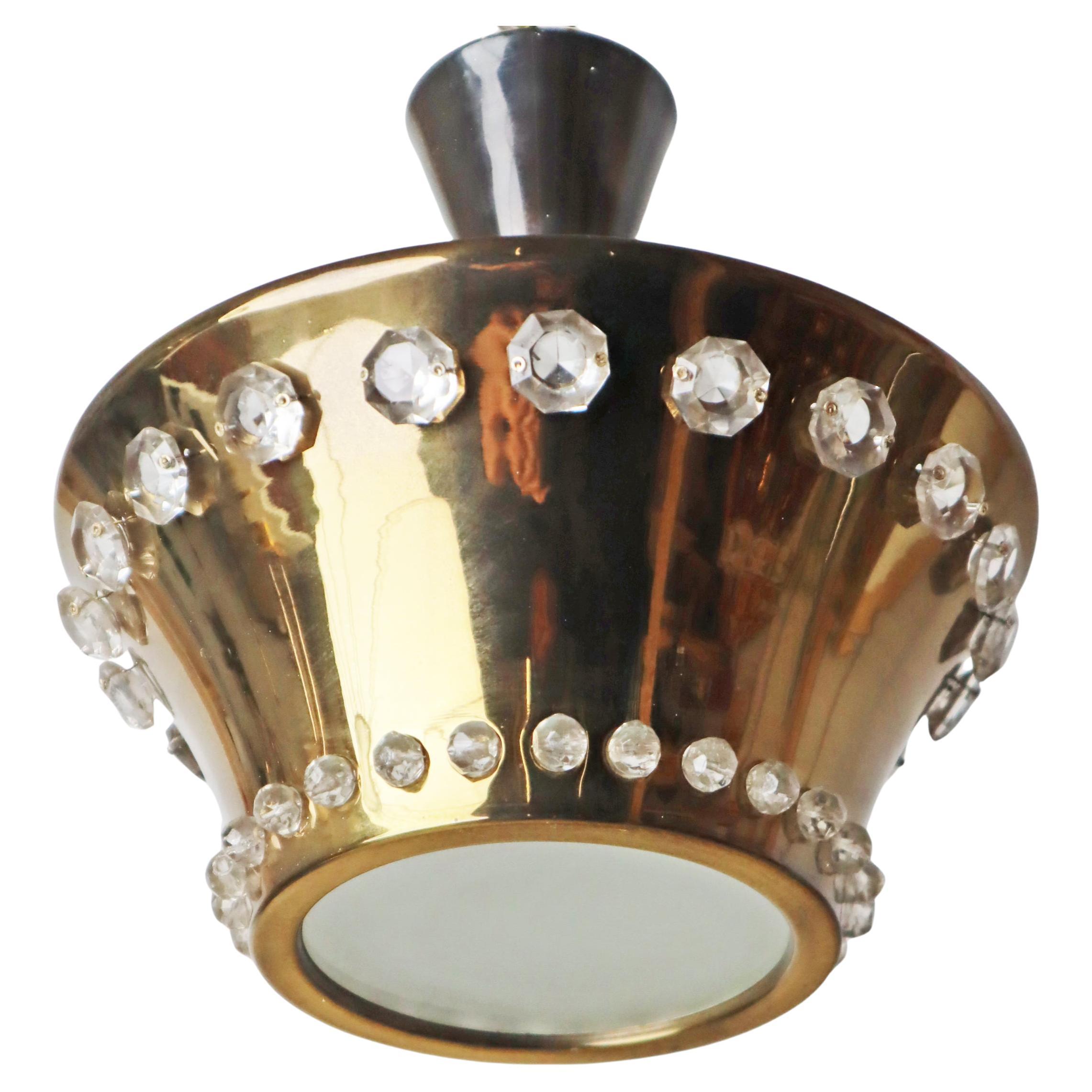 Hollywood Regency Hängelampe aus Messing und Bleikristall, Österreich 1950er Jahre im Angebot