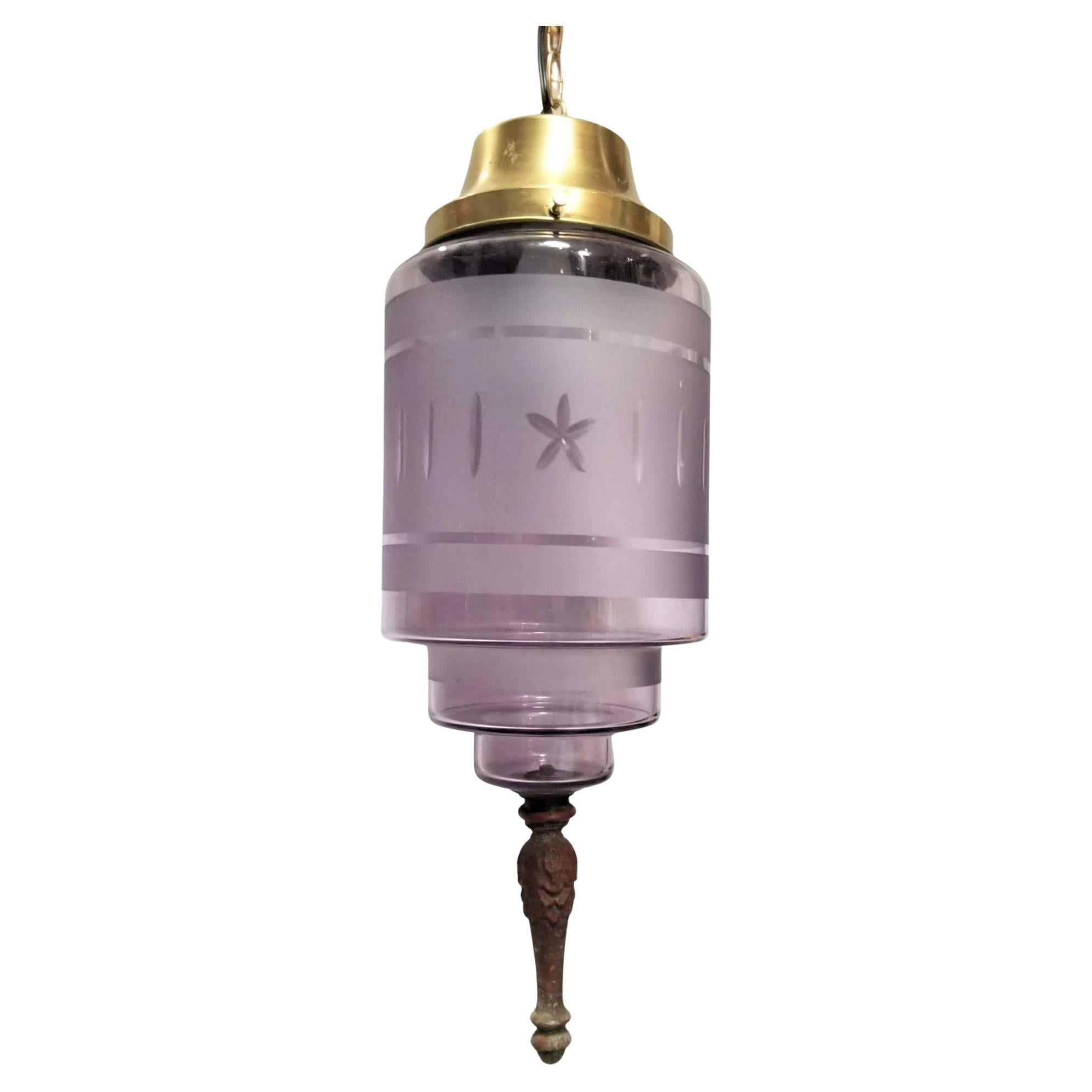 Hollywood Regency Hanging Pendant Light with Purple Etched Glass For Sale