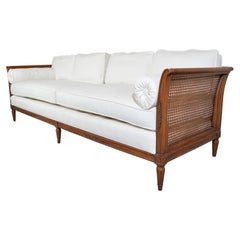 Retro Hollywood Regency Henredon Mid-Century Heirloom Woven Cane Sofa in Chenille