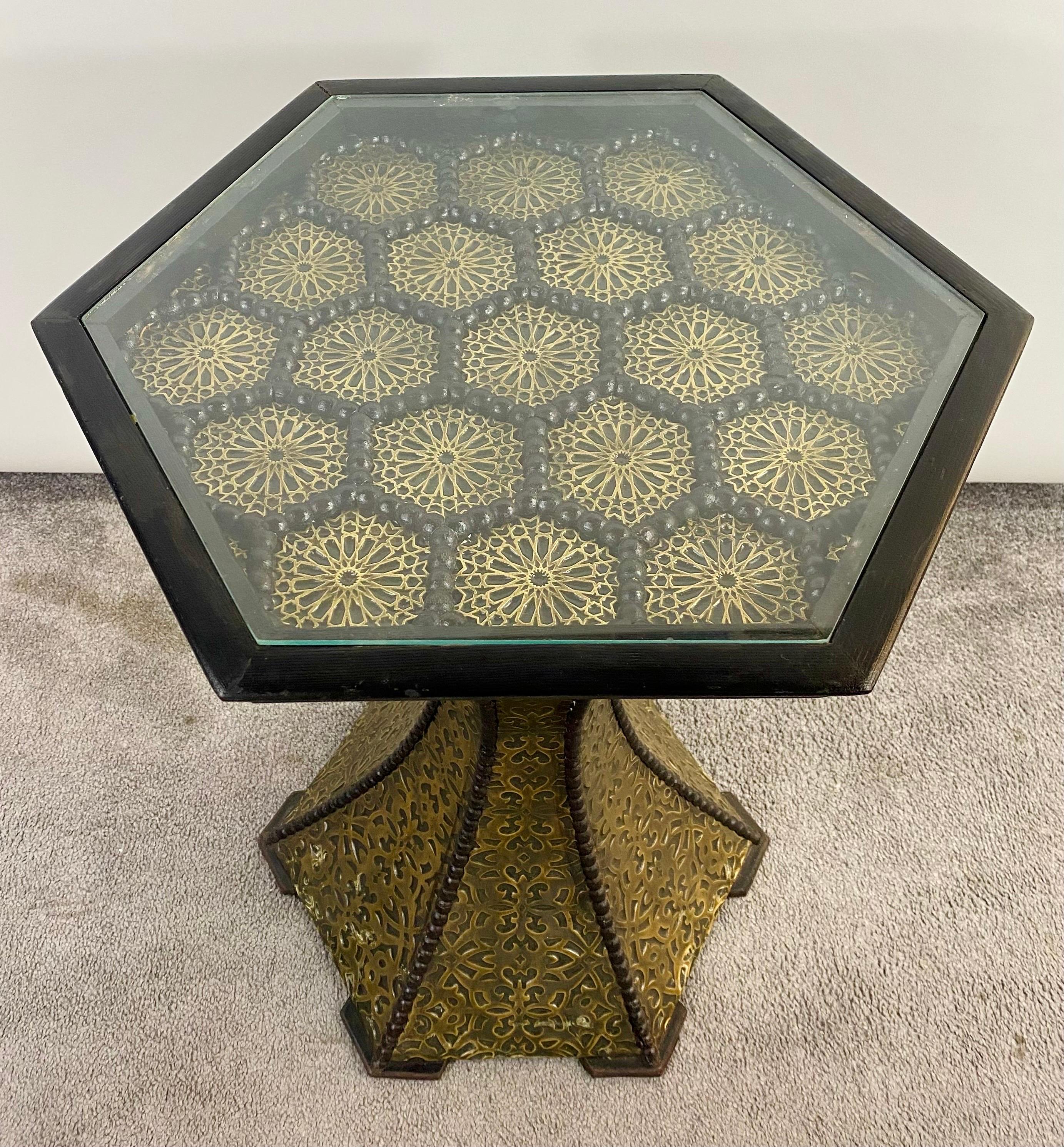 Hollywood Regency Hexagon Gold Brass and Wood Black End or Side Table, a Pair  For Sale 3