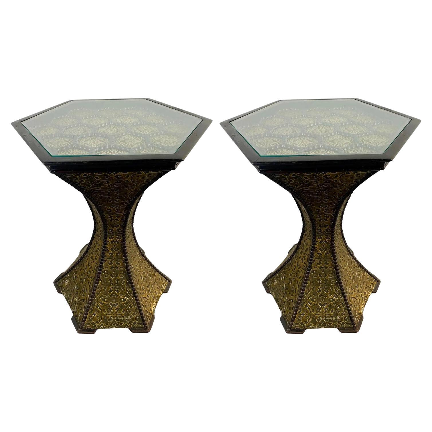 Hollywood Regency Hexagon Gold Brass and Wood Black End or Side Table, a Pair 