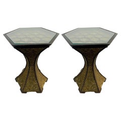 Hollywood Regency Hexagon Gold Brass and Wood Black End or Side Table, a Pair 