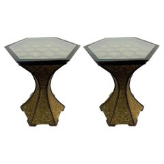 Hollywood Regency Brass and  Black Ebony Filigree Motif End Side Table, a Pair