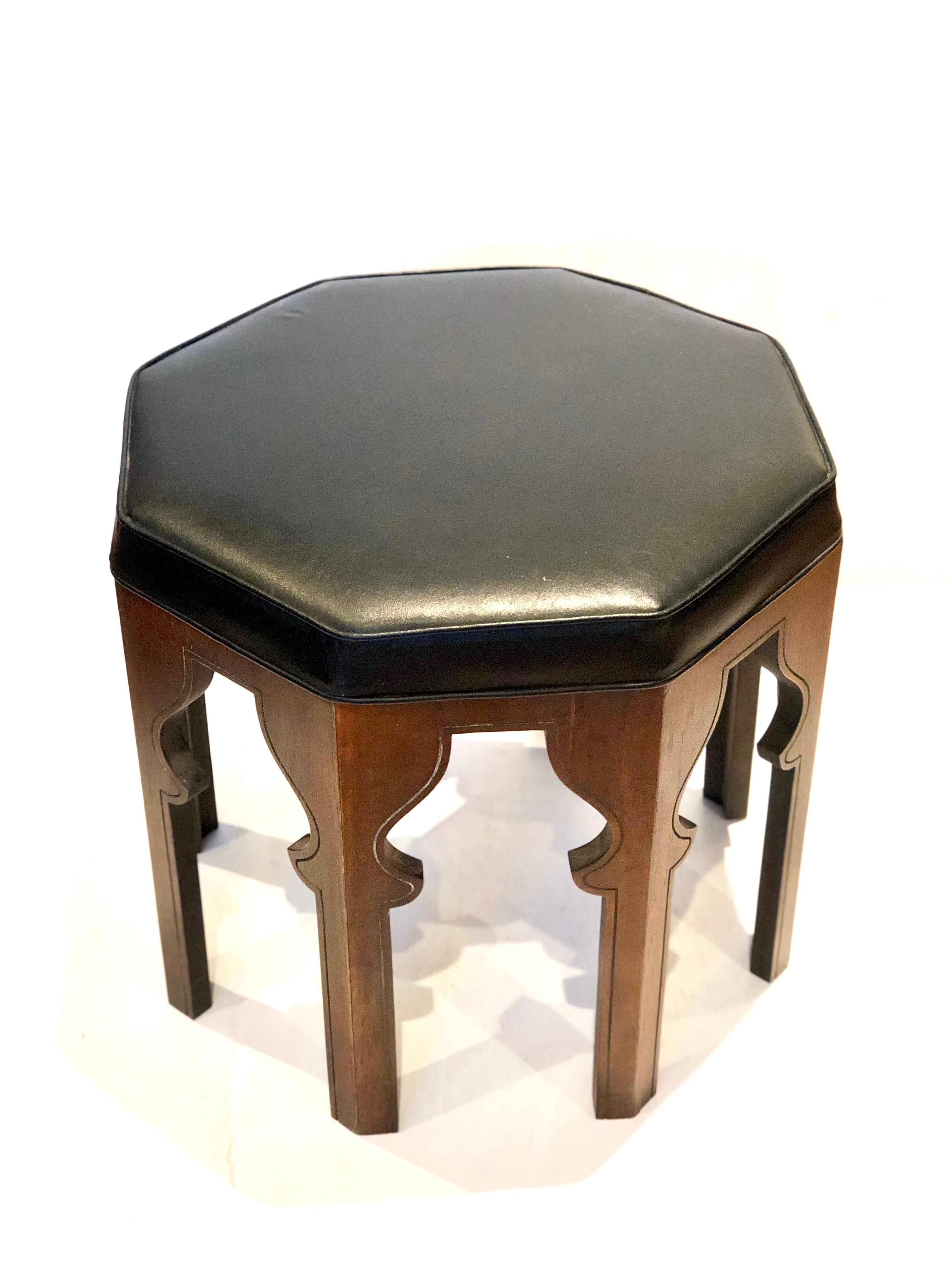 Nice design on this unique Moroccan hexagon stool, circa 1950s in walnut wood base and original naugahyde upholstery. Great accent piece of unique design.
