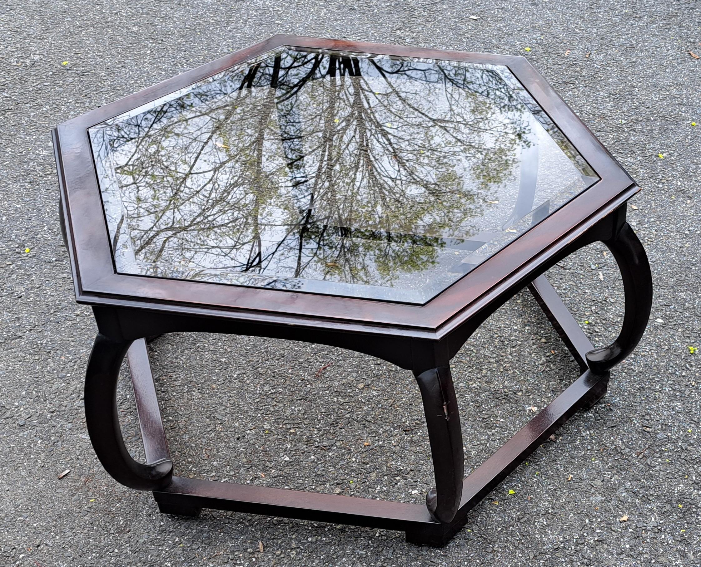American Hollywood Regency Hexagonal Wood and Glass Coffee Table with Curved  Supports For Sale