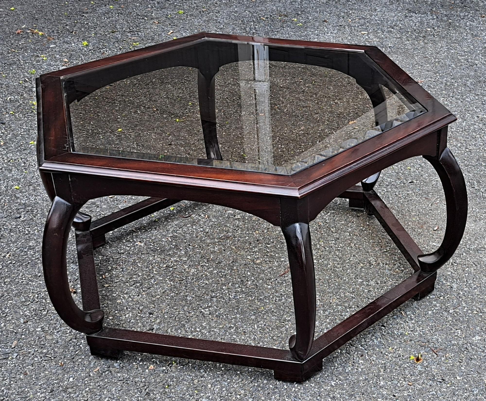 Hollywood Regency Hexagonal Wood and Glass Coffee Table with Curved  Supports In Good Condition For Sale In Weymouth, MA