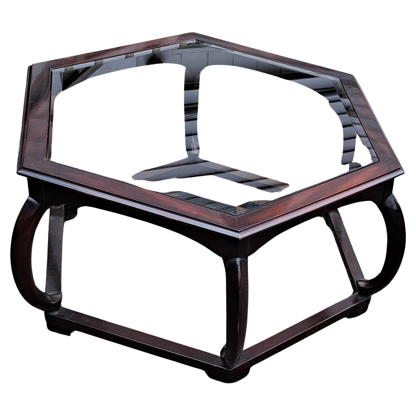 Hollywood Regency Hexagonal Wood and Glass Coffee Table with Curved  Supports For Sale