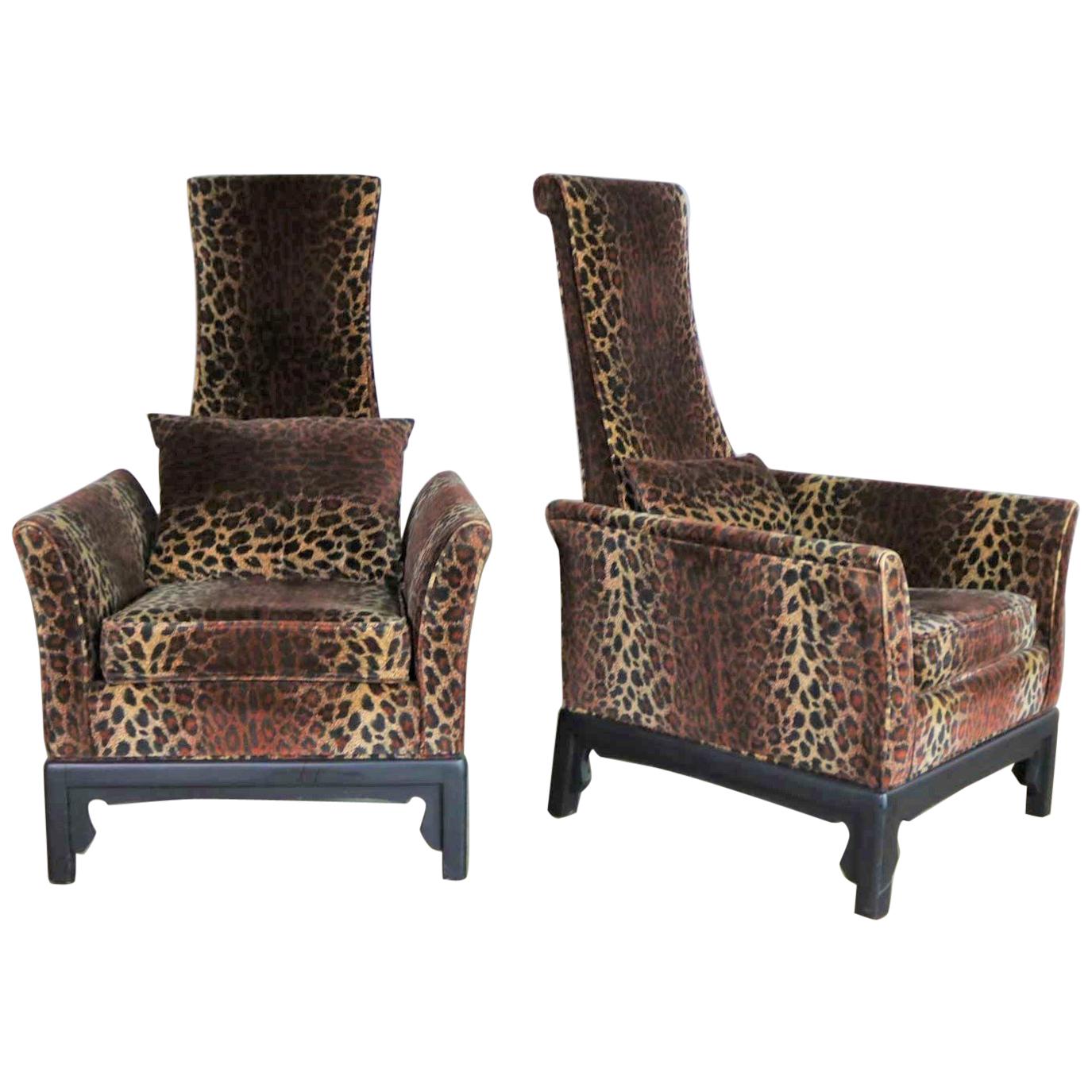 Hollywood Regency High Back Chairs Velvet Animal Print Style of James Mont, Pair
