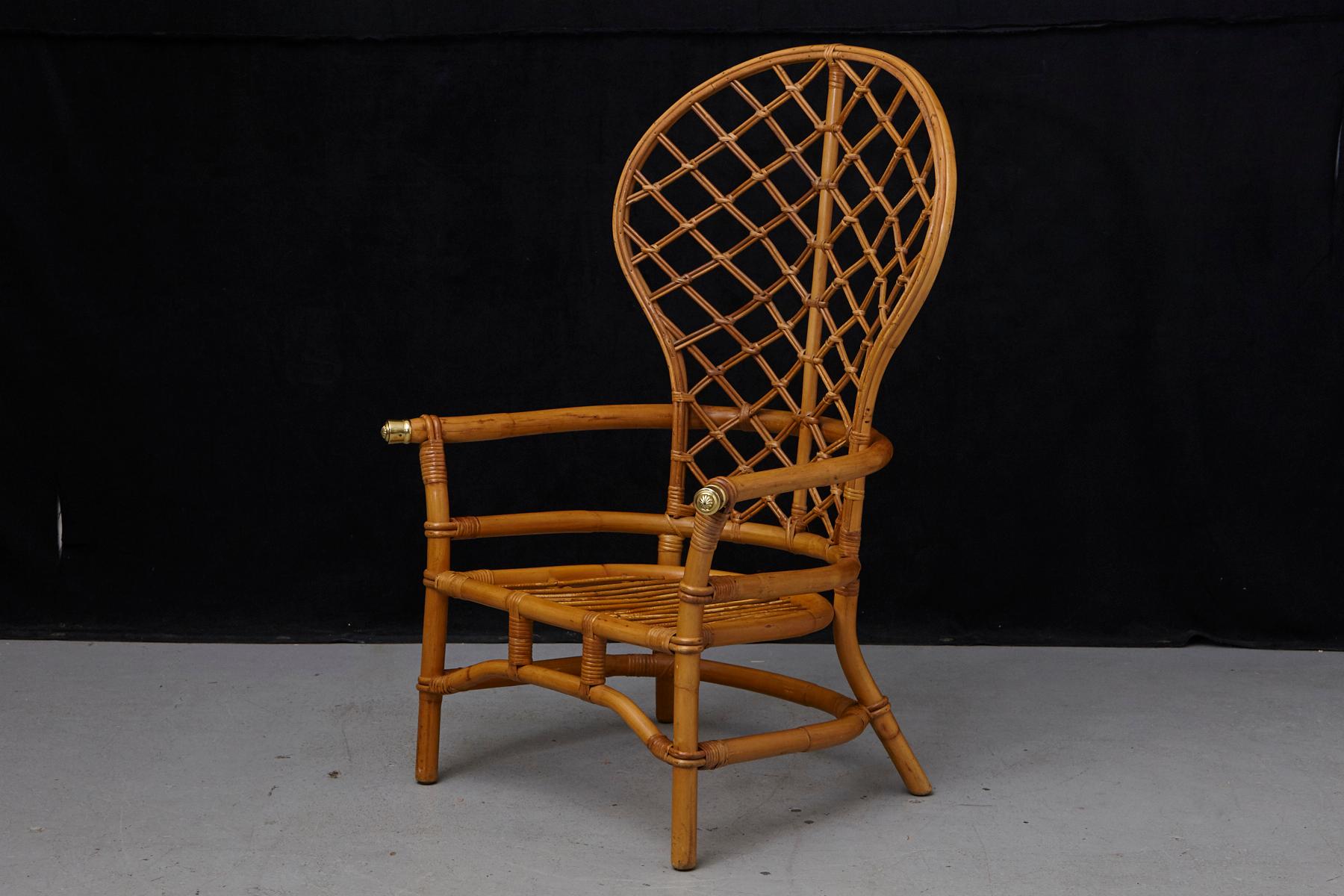 American Hollywood Regency High Back Fan Style Rattan Armchair with Brass Elements