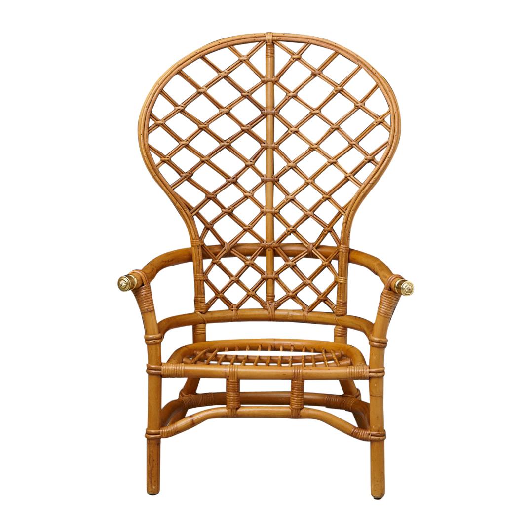 Hollywood Regency High Back Fan Style Rattan Armchair with Brass Elements