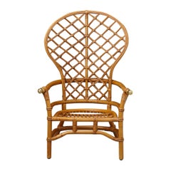 Hollywood Regency High Back Fan Style Rattan Armchair with Brass Elements