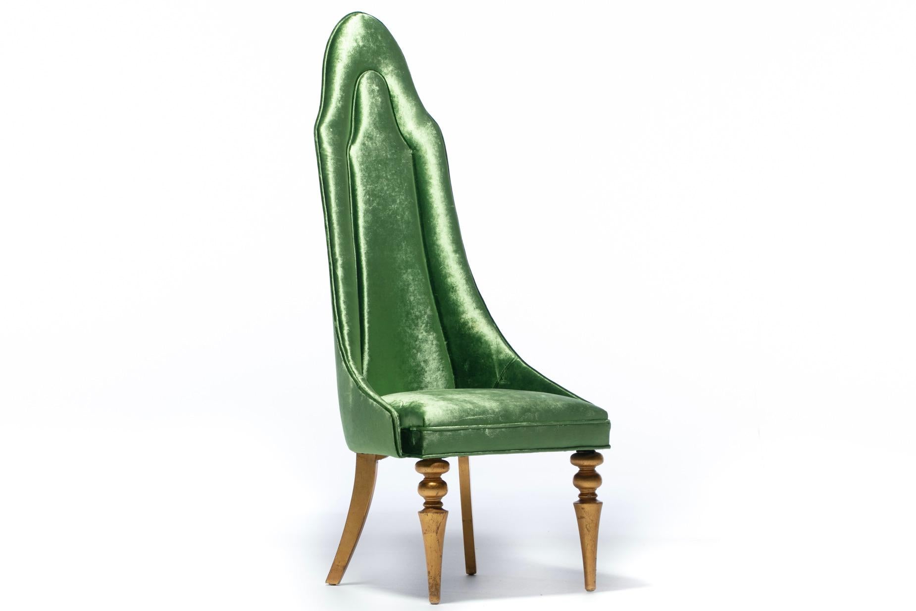 Hollywood Regency High Back “Lipstick” Chair in Green Velvet and Gold Leaf For Sale 3