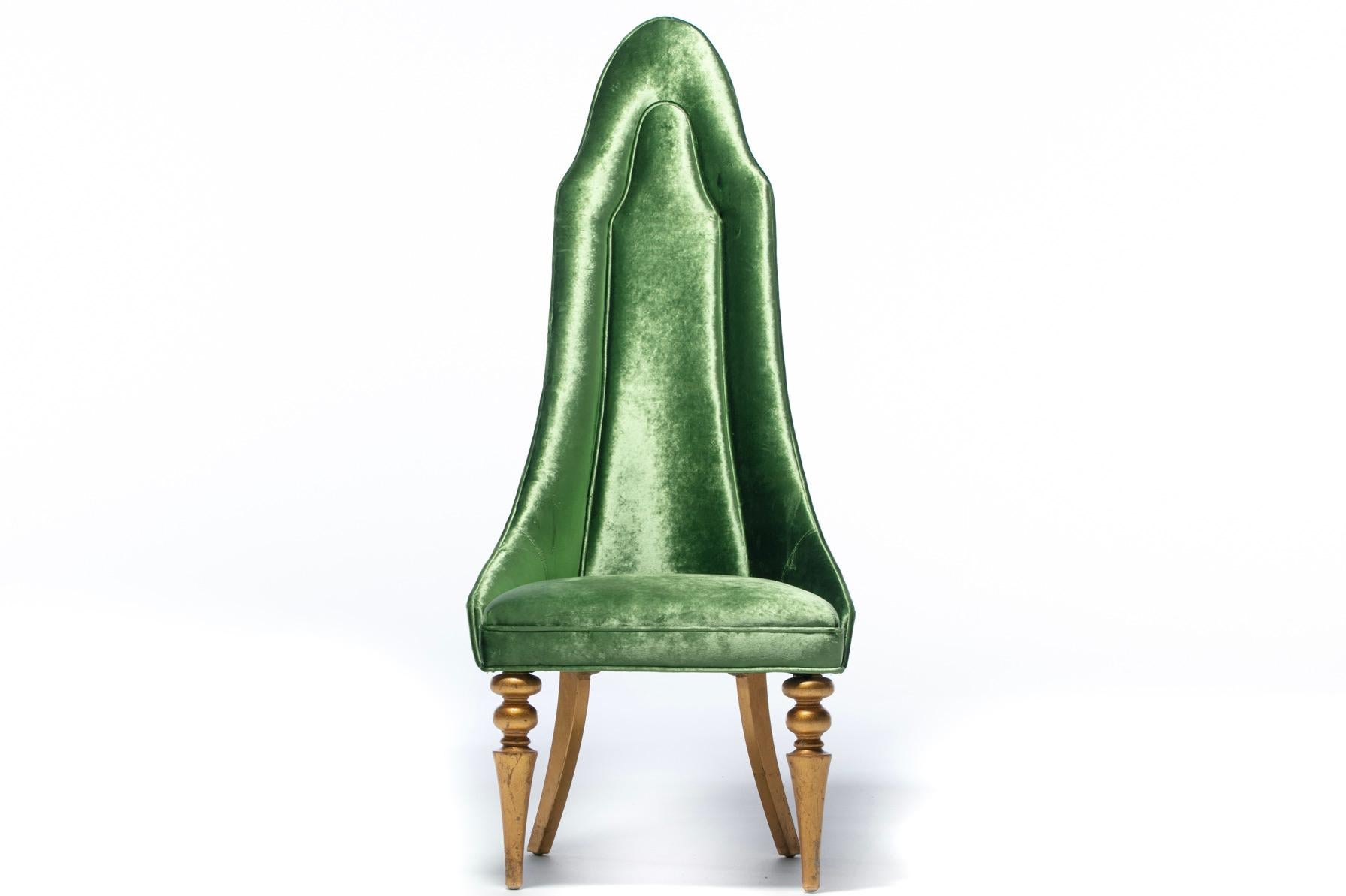 Hollywood Regency High Back “Lipstick” Chair in Green Velvet and Gold Leaf For Sale 4