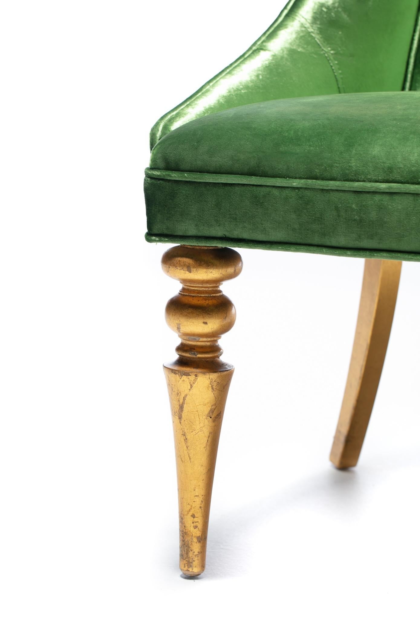 Hollywood Regency High Back “Lipstick” Chair in Green Velvet and Gold Leaf For Sale 7