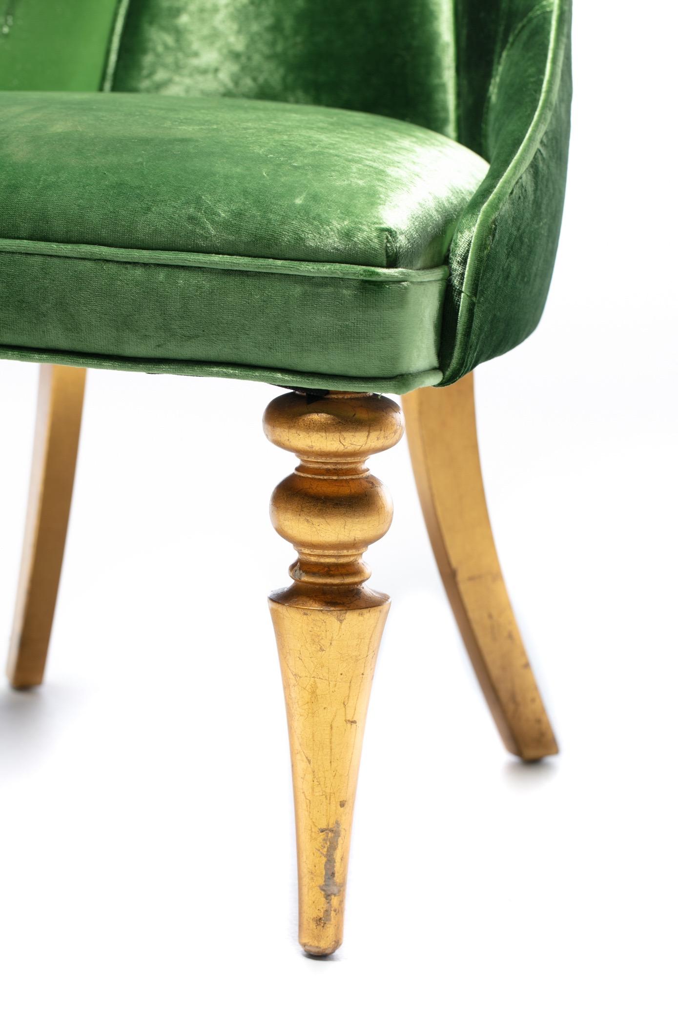 Hollywood Regency High Back “Lipstick” Chair in Green Velvet and Gold Leaf For Sale 8