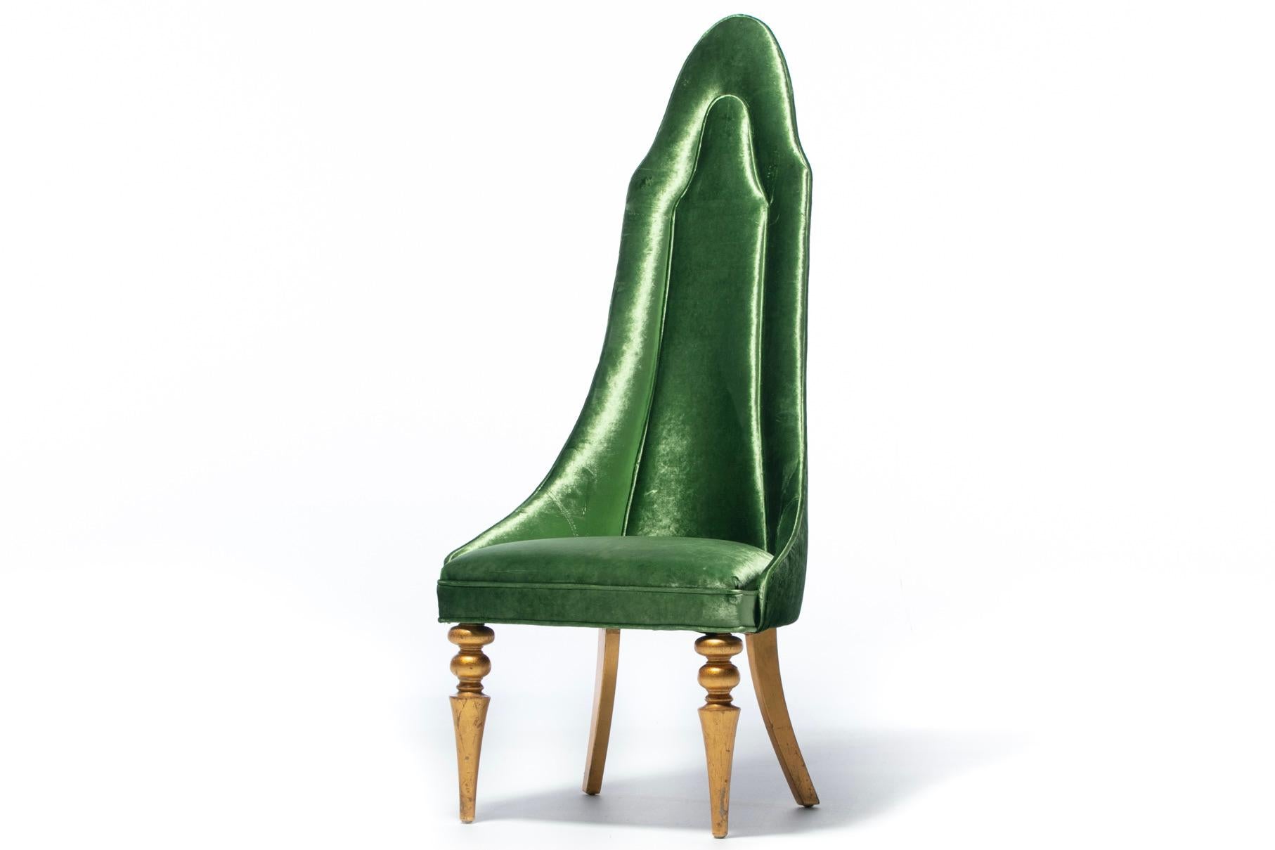 Ciao bella Italian Hollywood Regency lipstick chair upholstered in green velvet with original gold leaf spindled legs. Side Chair. Office Chair. Occasional Chair. Dramatically tall high back is channeled, curves and frames one in a shawl collar of