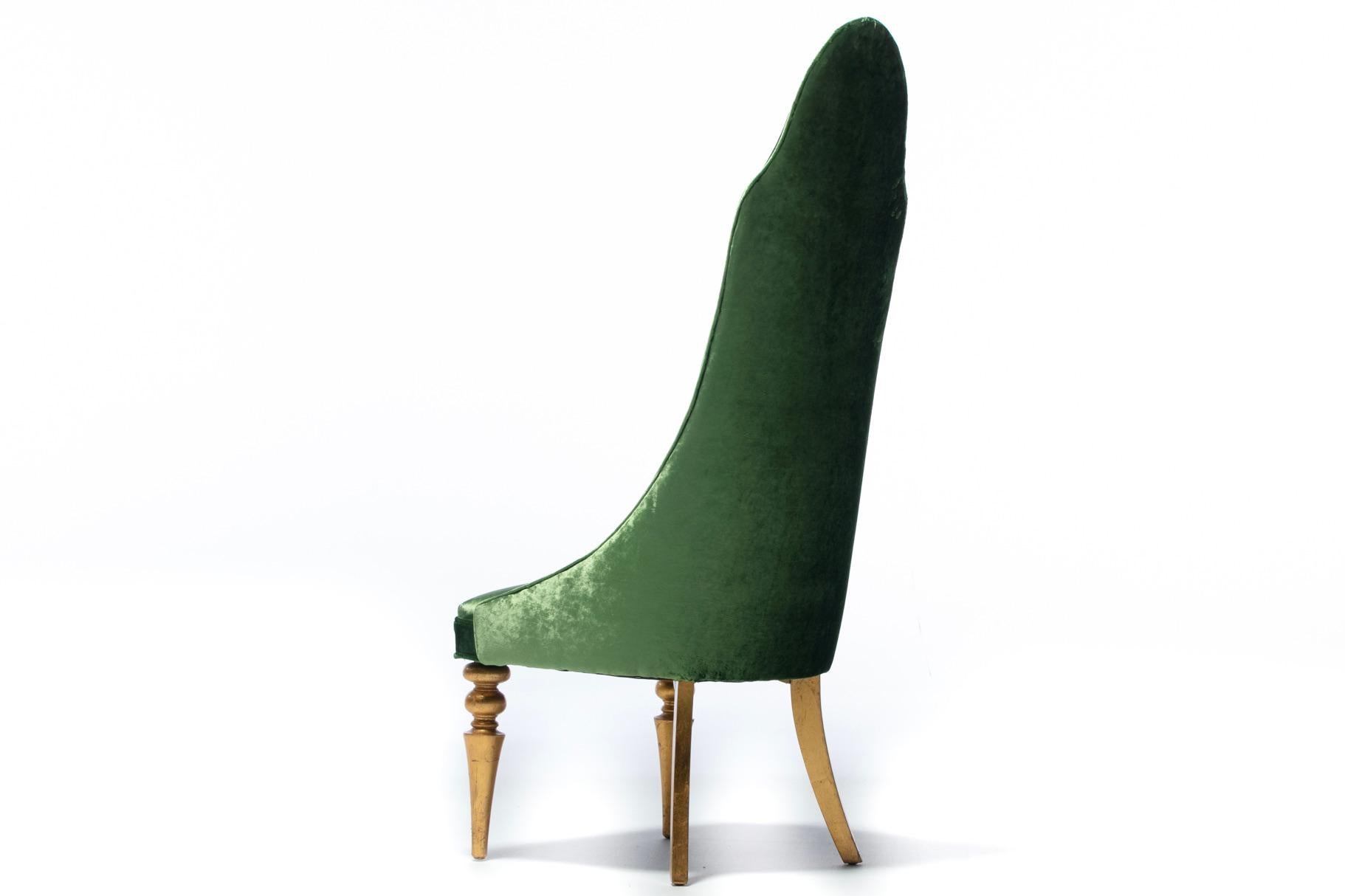 Italian Hollywood Regency High Back “Lipstick” Chair in Green Velvet and Gold Leaf For Sale