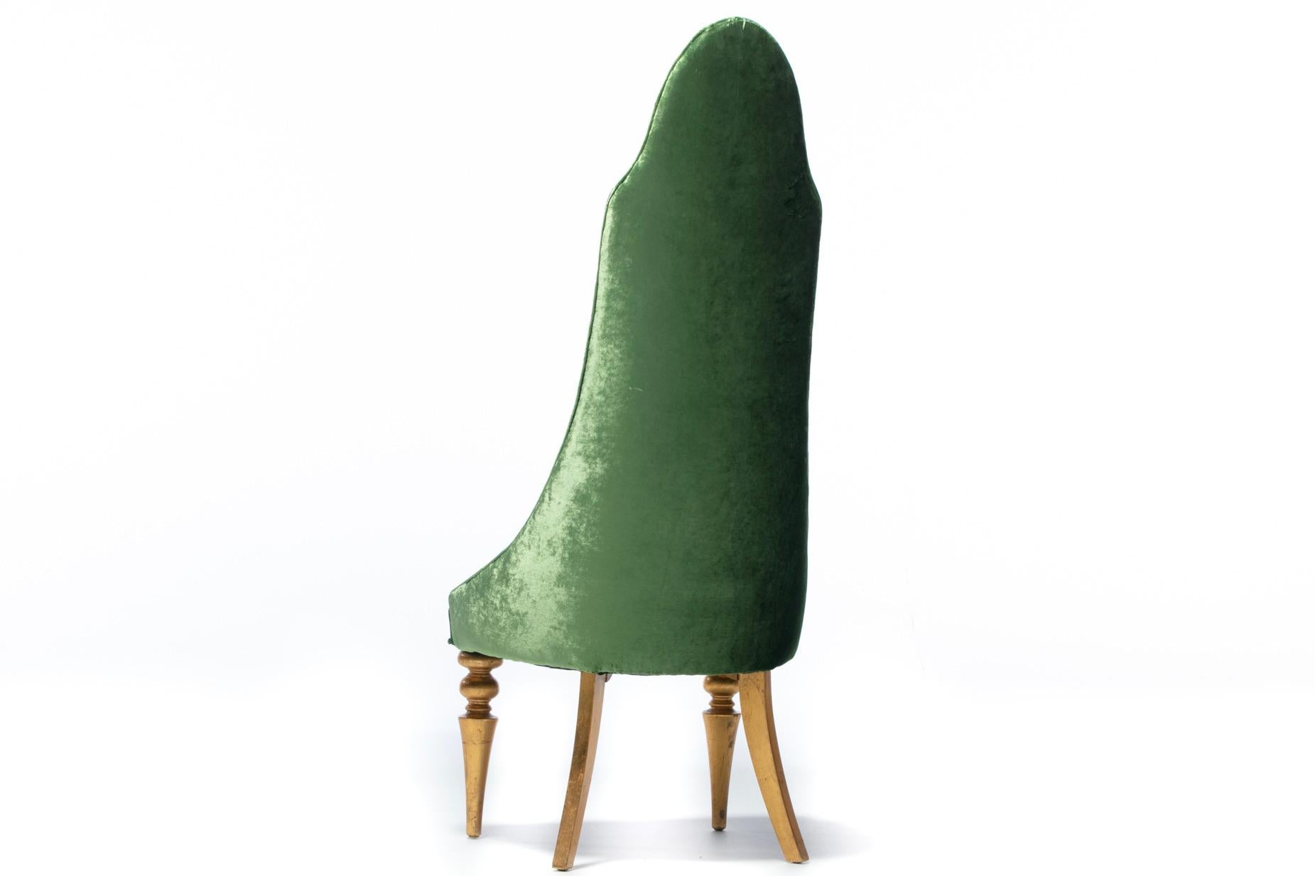 Hollywood Regency High Back “Lipstick” Chair in Green Velvet and Gold Leaf In Good Condition For Sale In Saint Louis, MO