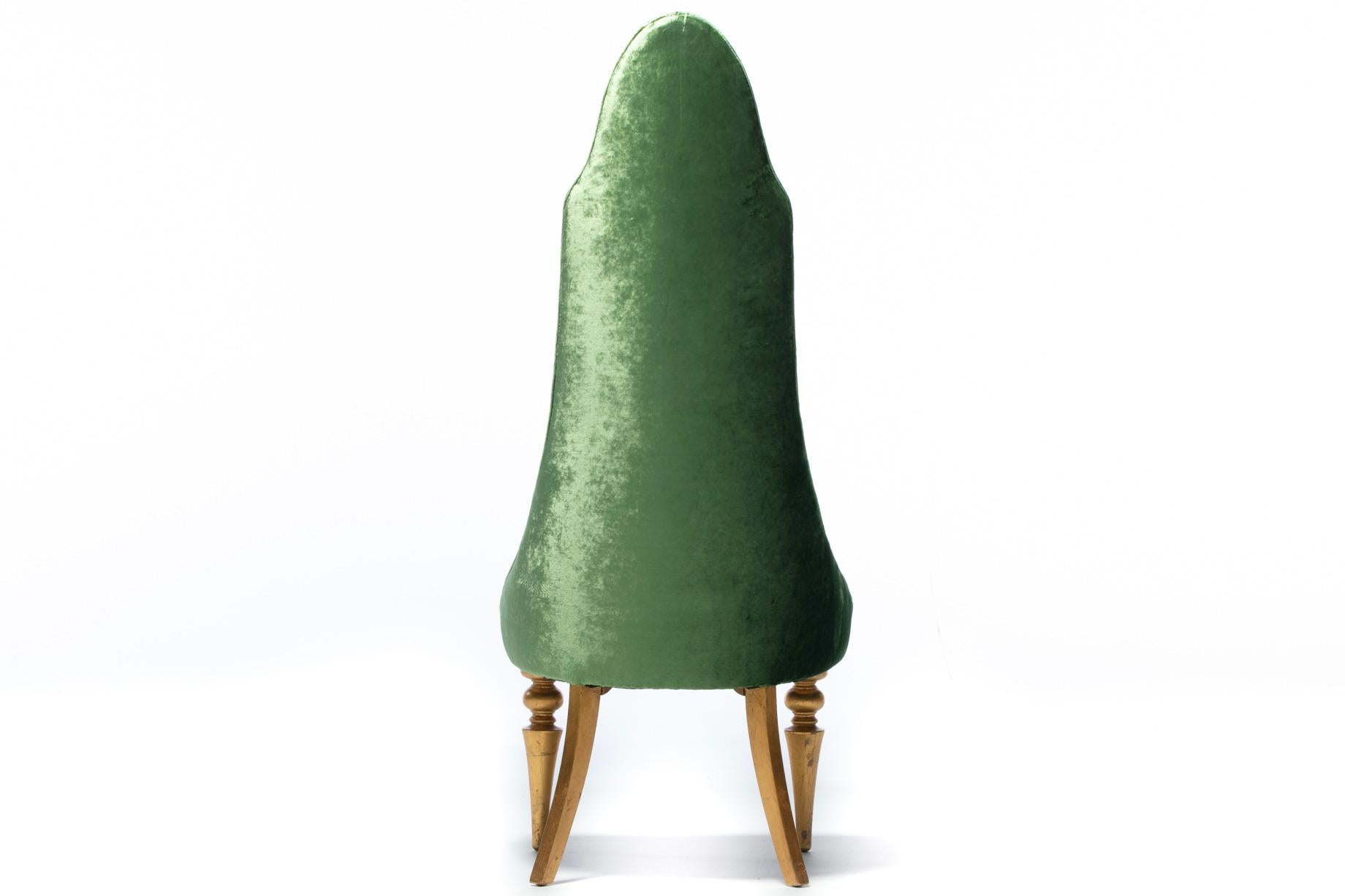 Mid-20th Century Hollywood Regency High Back “Lipstick” Chair in Green Velvet and Gold Leaf For Sale