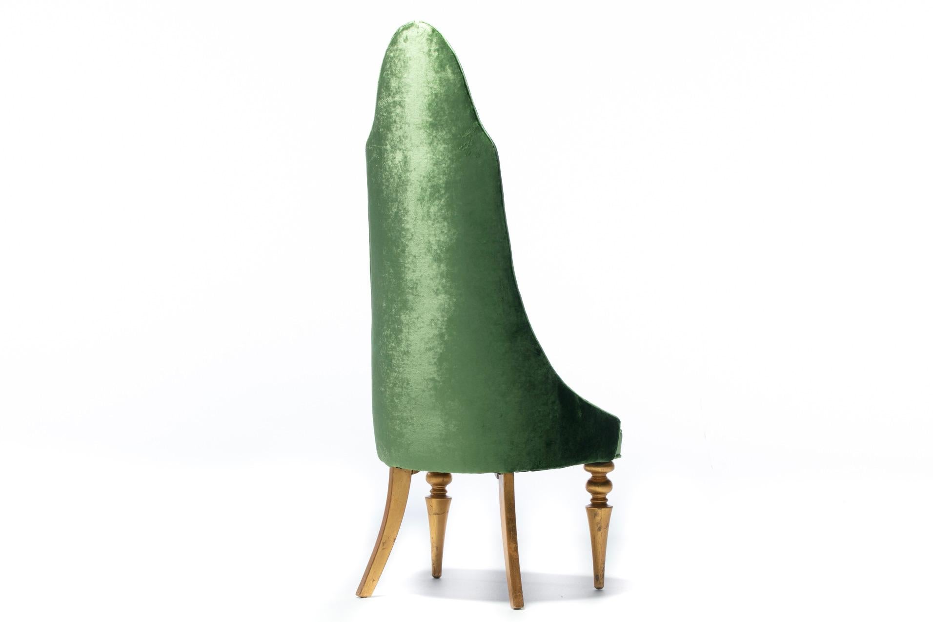 Upholstery Hollywood Regency High Back “Lipstick” Chair in Green Velvet and Gold Leaf For Sale