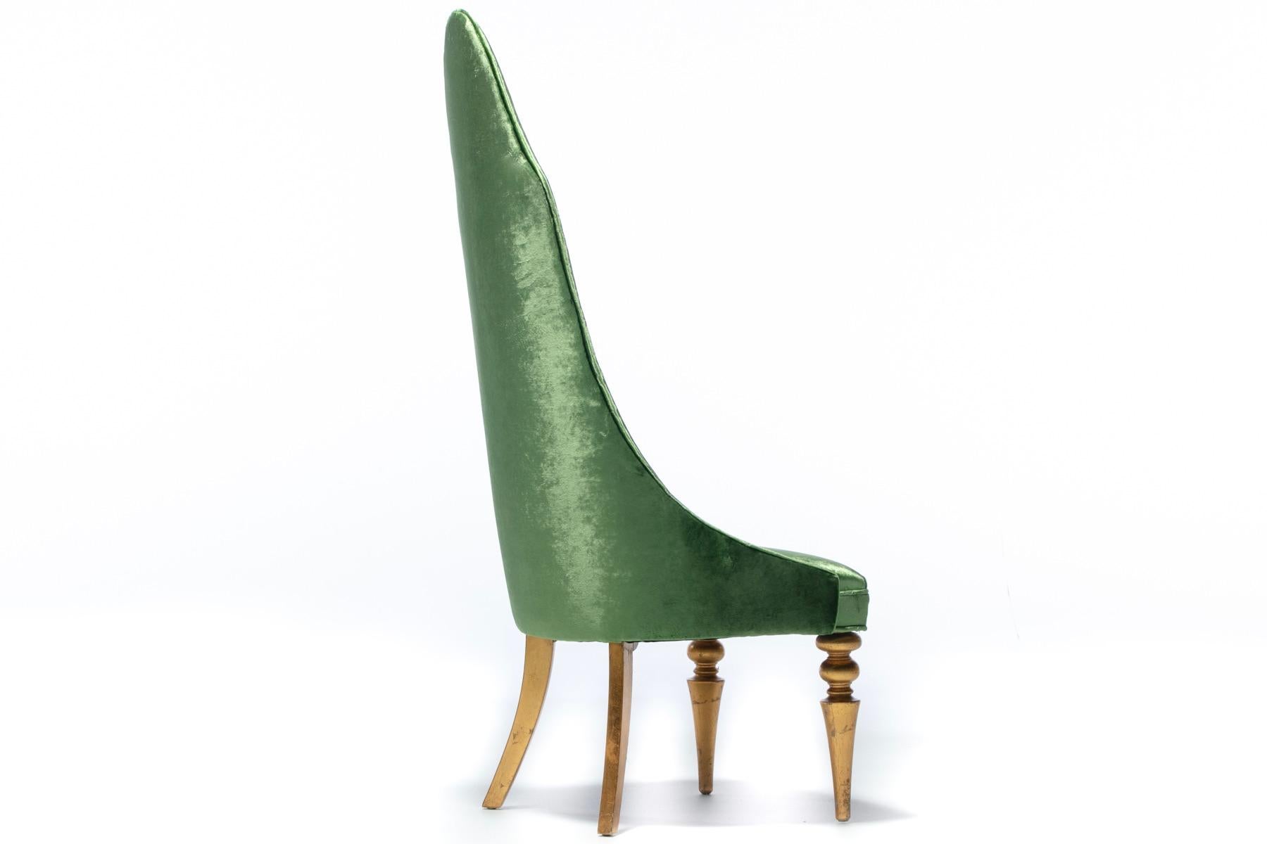 Hollywood Regency High Back “Lipstick” Chair in Green Velvet and Gold Leaf For Sale 1